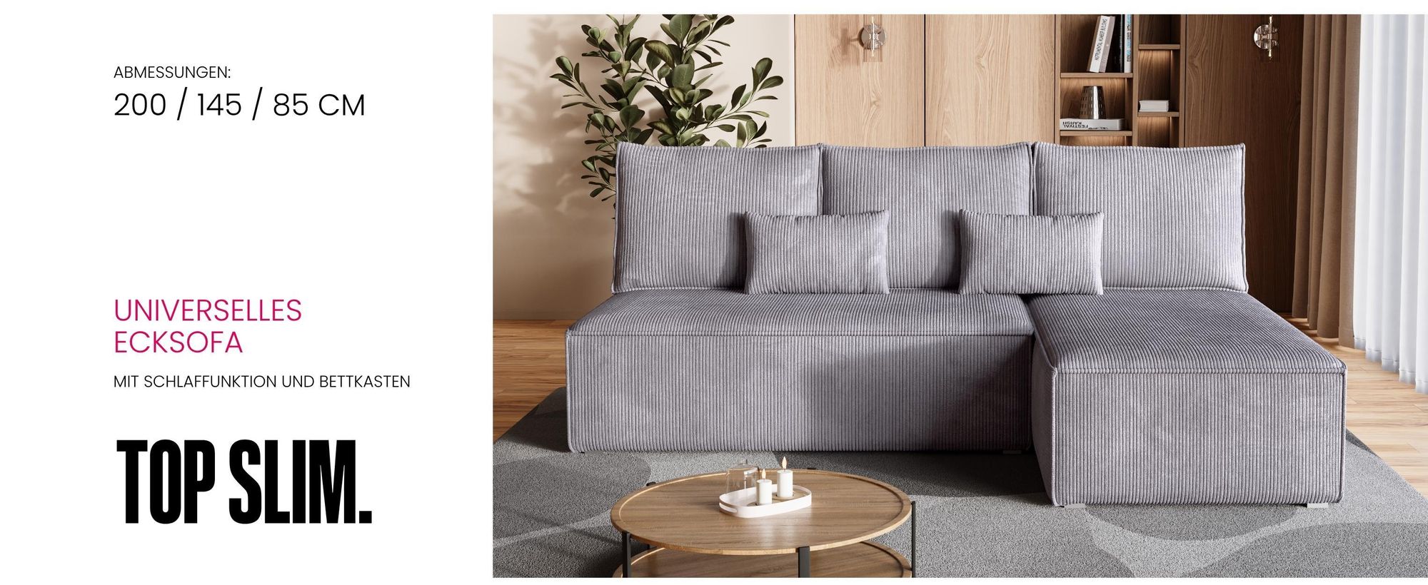 BroMARKT Ecksofa TOP SLIM Schlaffunktion Bettkasten L-Form 120x200 cm Vanille