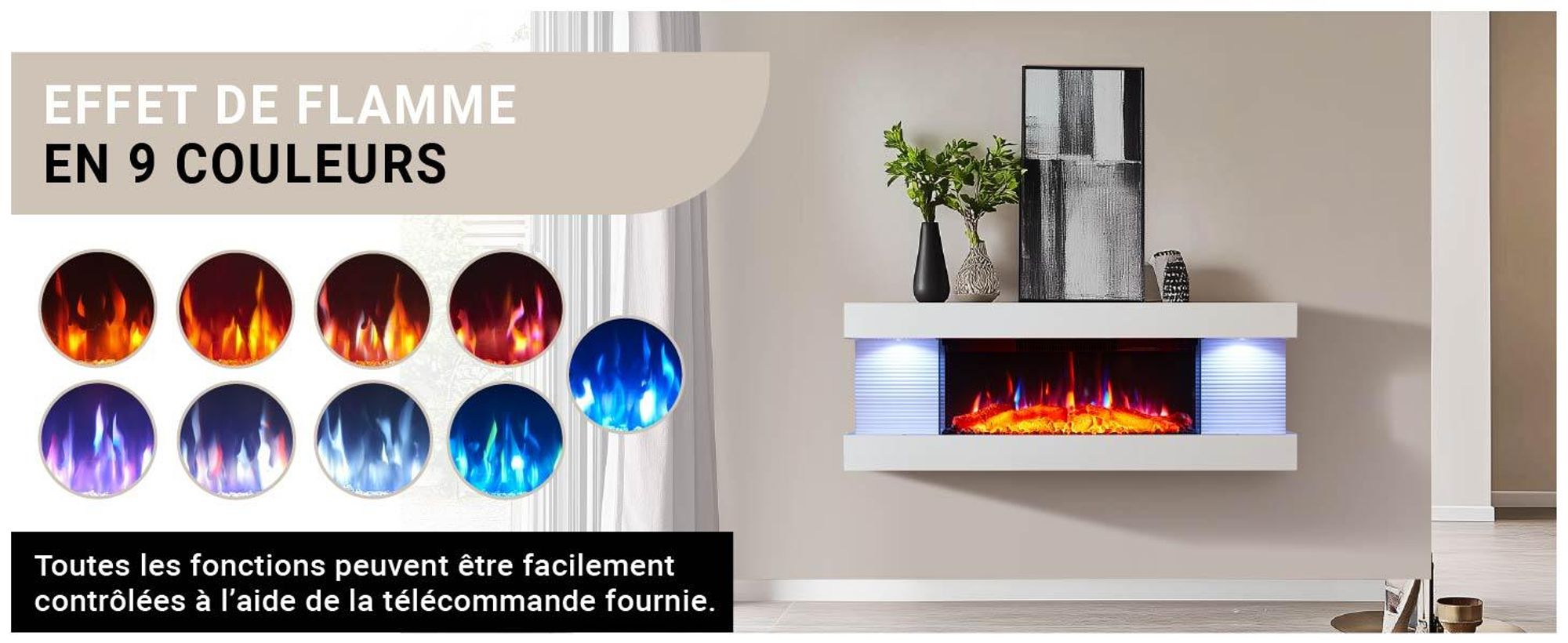 Cheminée murale électrique BALDERIA Lumina – Puissance de chauffage jusqu'à 1 800 W, effet de flammes en 3D, blanche