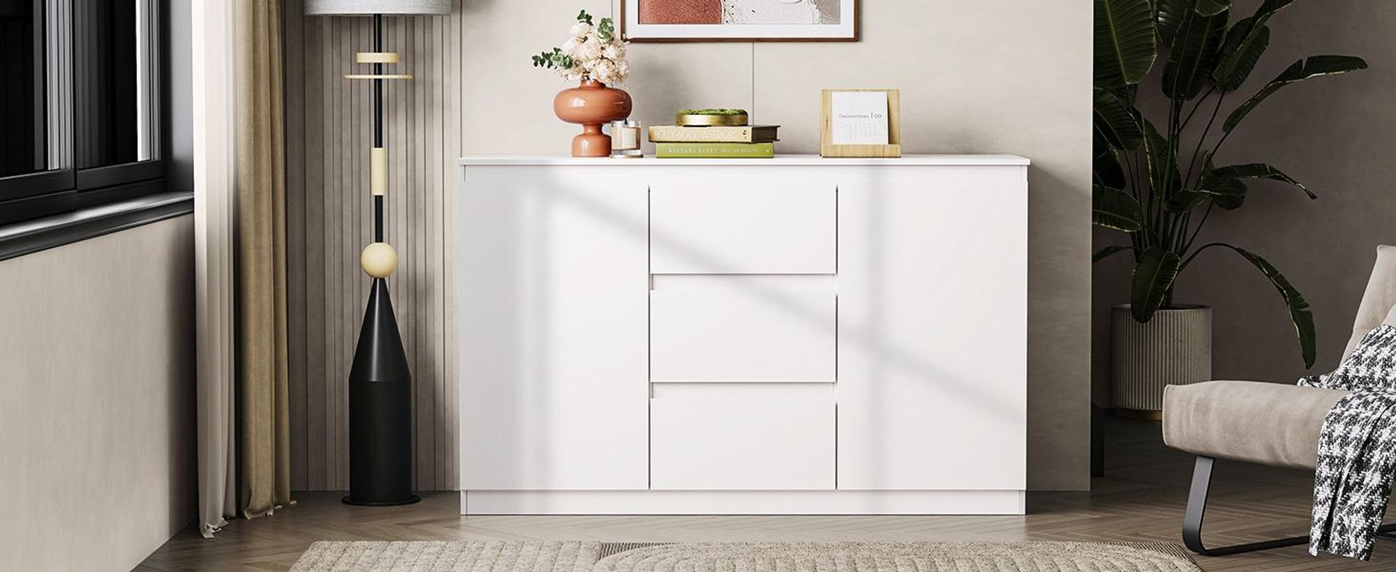 Sideboard Kommode, Breite 100 cm, Sideboard mit 3 Schubladen & 1 Tür, Soft-Close-Funktion, Anrichte für Wohnzimmer & Flur, Weiß(matt)