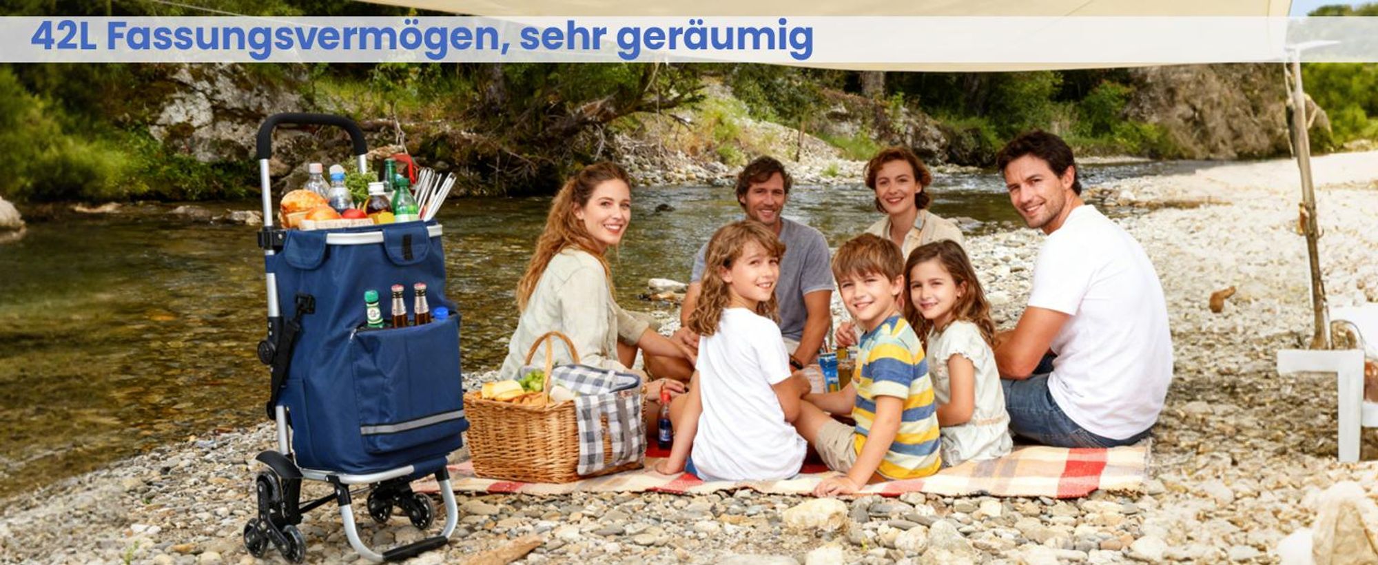 Sekey Einkaufstrolley Treppensteiger Klappbar Einkaufswagen mit Kühlfach Einkaufshilfe Trolley mit Spanngurt und höhenverstellbarem Griff, Blau