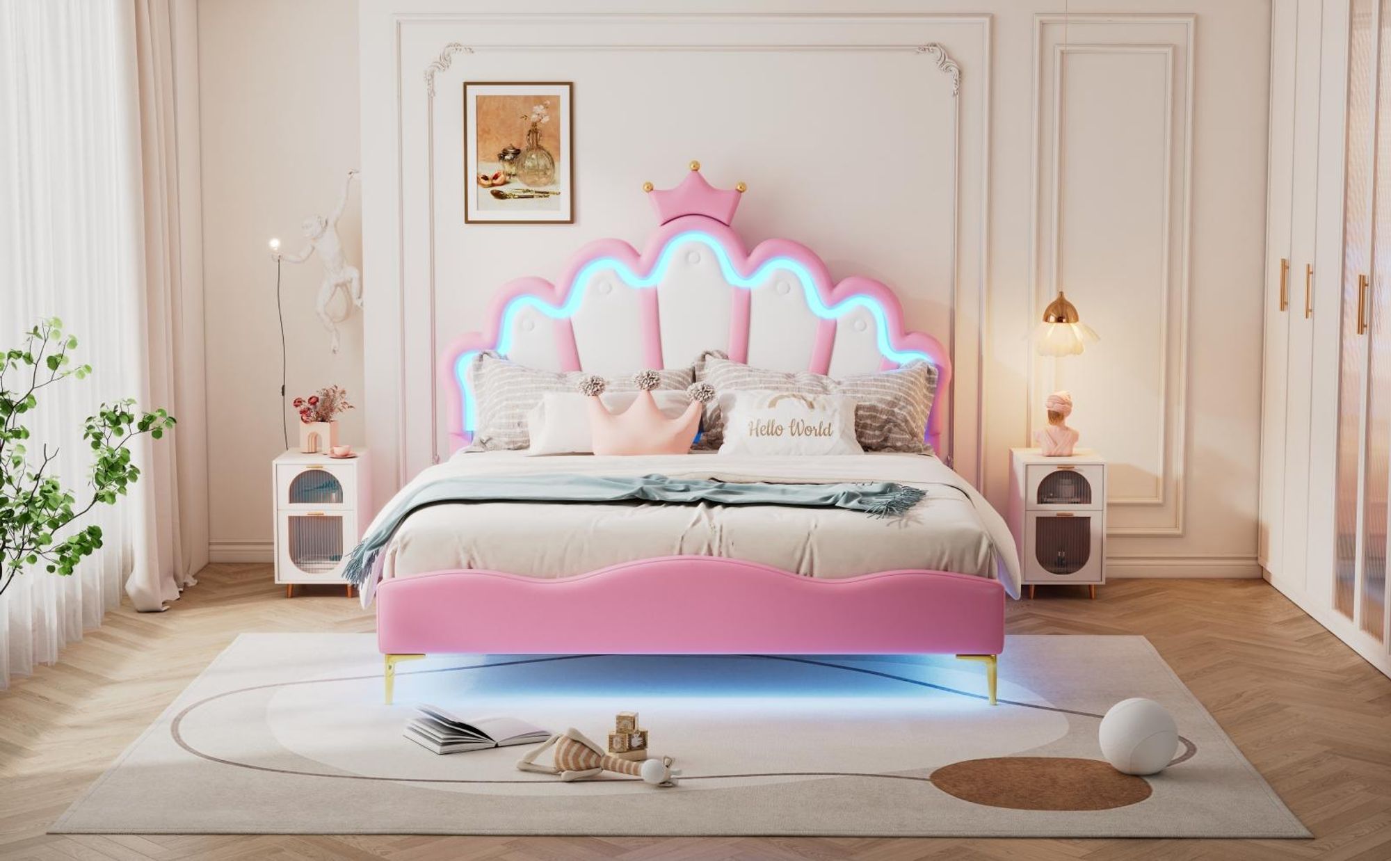 INONEFT Kinderbett Polsterbett 140x200 cm, Mädchenbett Prinzessinnenbett mit LED, Höhenverstellbares Kopfteil, Jugendbett Kronen-Design, PolyurethanRosa