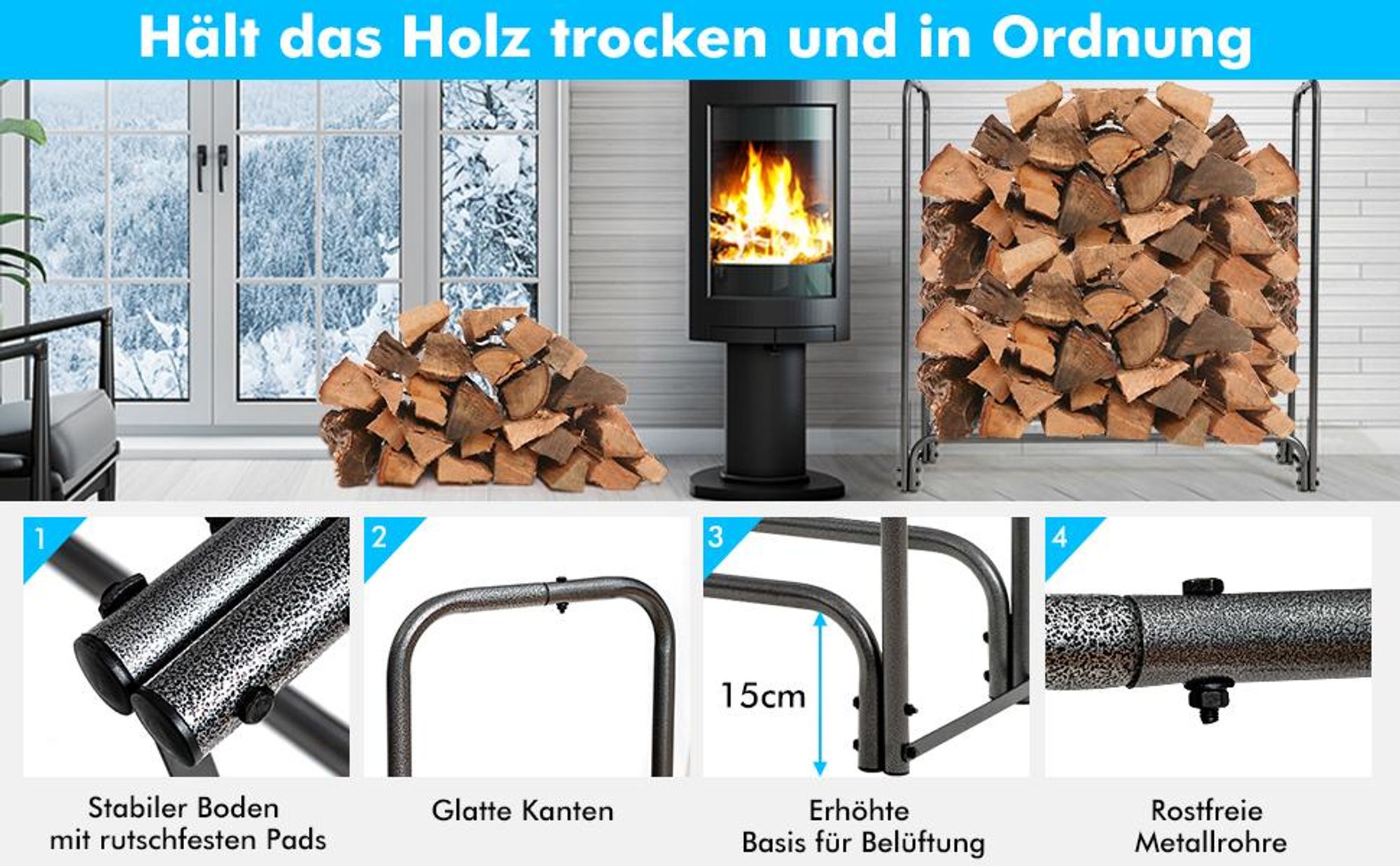 COSTWAY Kaminholzregal Metall, Brennholzregal mit wasserdichter Abdeckung, Kaminholzständer, Feuerholzregal 122,5 x 35,5 x 122,5 cm