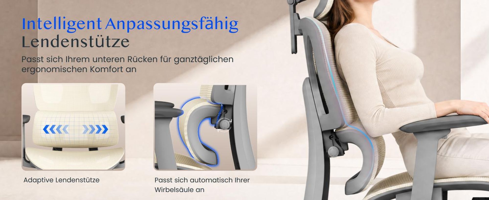 FLEXISPOT ErgoX Ergonomischer Bürostuhl mit Fußstütze, 3D-Armlehnen & Kopfstütze, 5D-verstellbare Rückenlehne, Tragfähigkeit von 136 kg, Beige