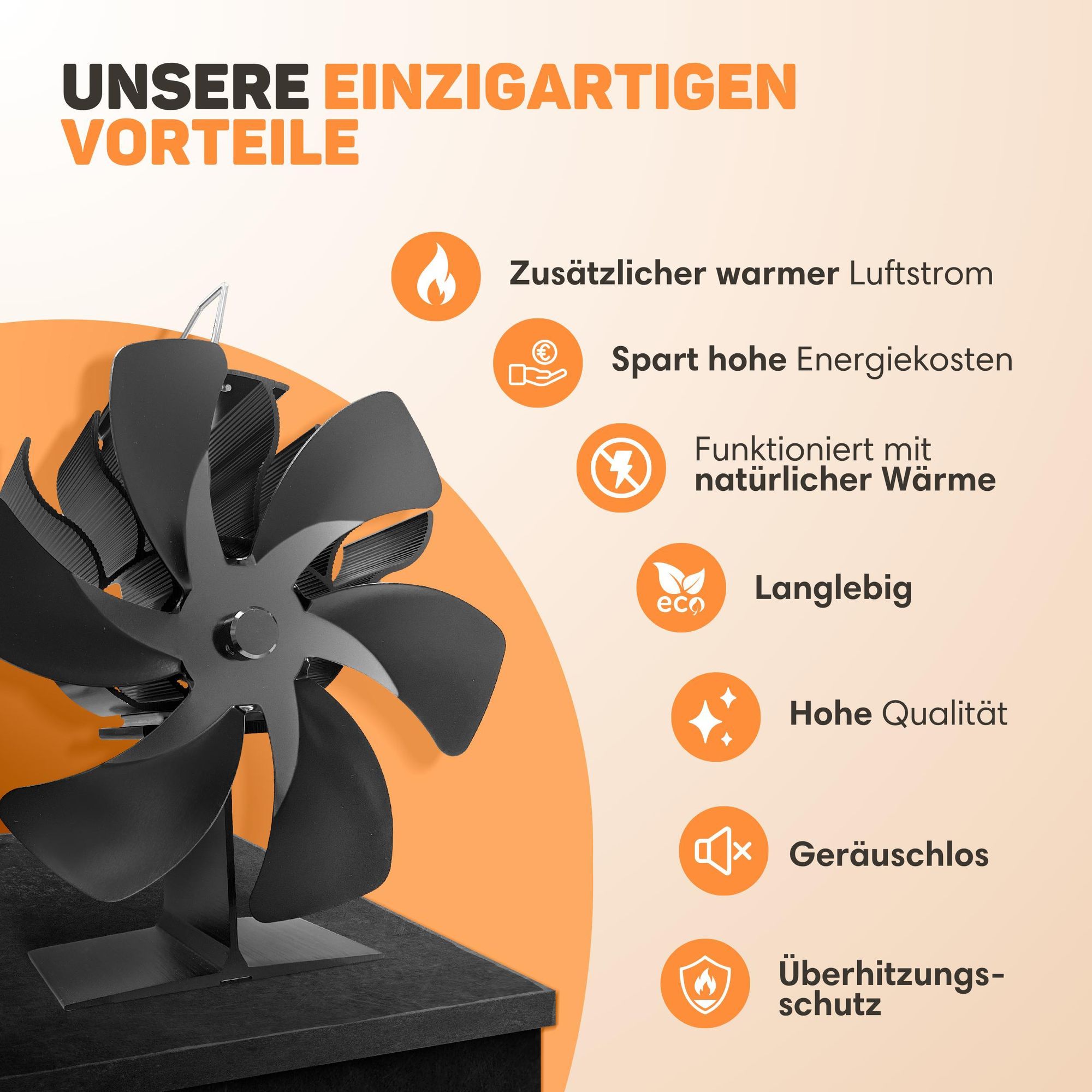 Vulpes Goods Heizungsventilator | Ventilator für Holzofen In freistehendem Design | Kaminventilator - schnelleres Aufheizen des Raumes