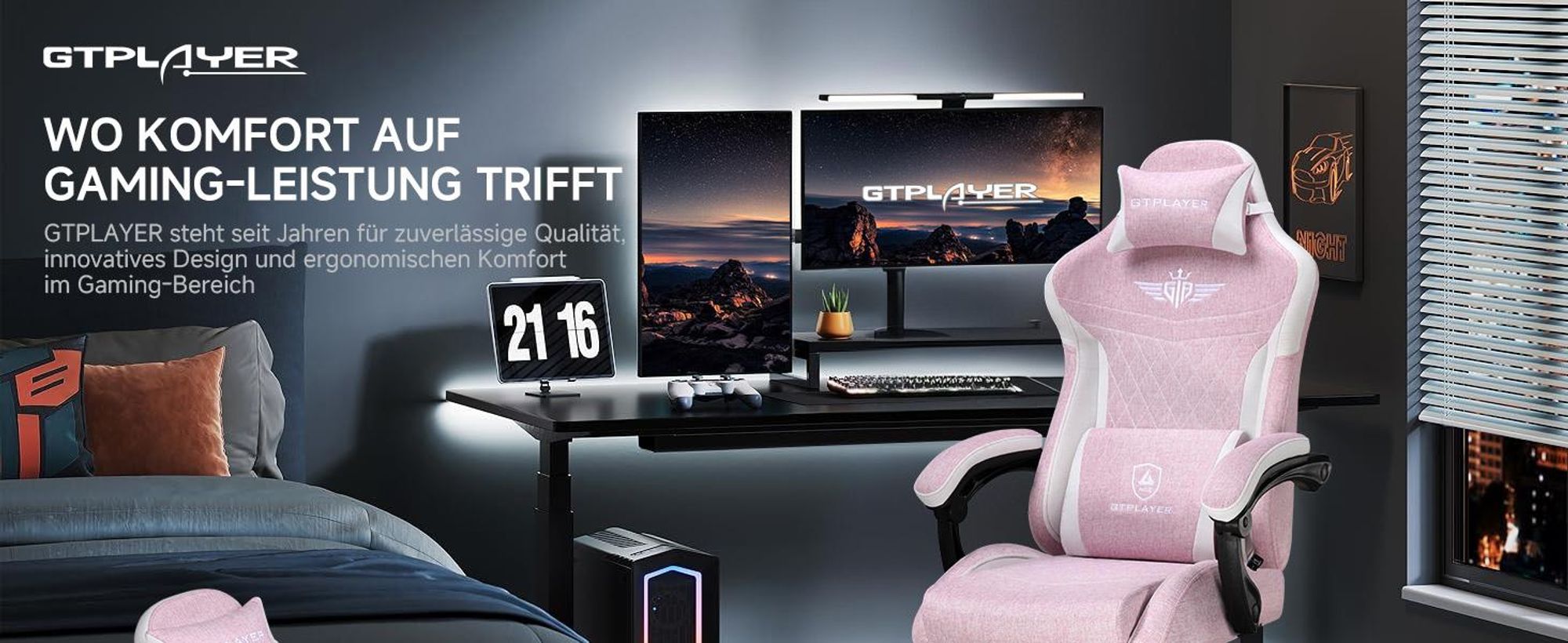 GTPLAYER Gaming Stuhl, Ergonomischer Gamer Stuhl aus Leinen mit Lendenwirbelstütze, PC-Stuhl mit verbreiterter Rückenlehne, Belastbar bis 150 kg, Rosa