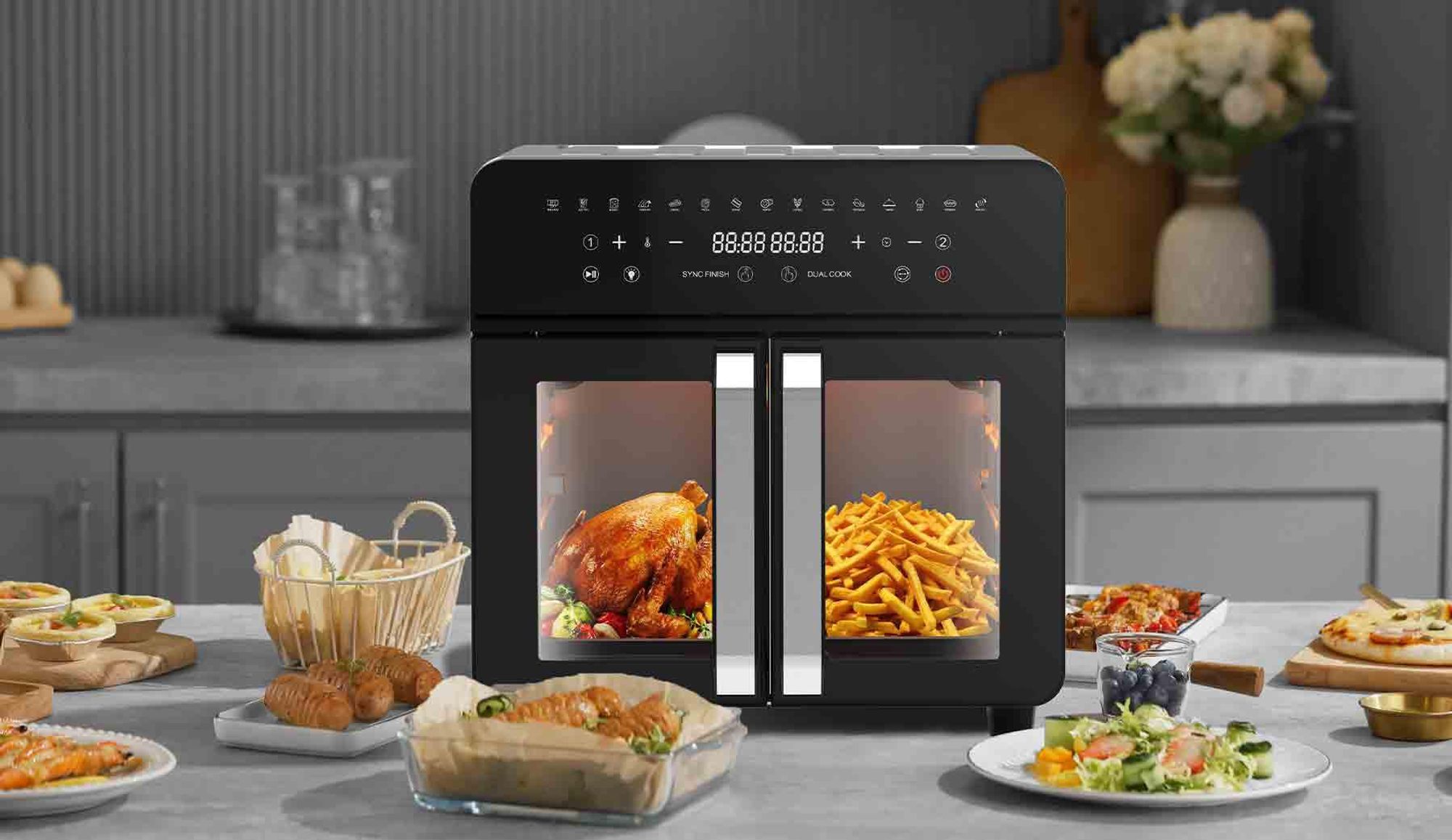Heißluftfritteuse 23 L XXL | Airfryer mit Doppeltür & Sichtfenster, 15 programme, LED-Touch, Dual-Zone mit herausnehmbarer Trennwand, 2200 W