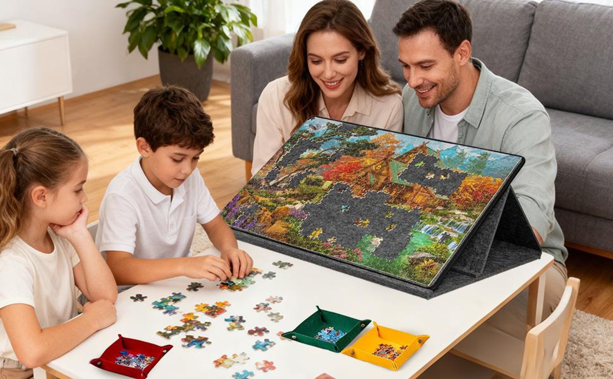 Puzzlebrett, Puzzletisch, für 1000 Teile, 2-in-1 Puzzleständer & Abdeckung, mit 6 farbigen Sortierfächern