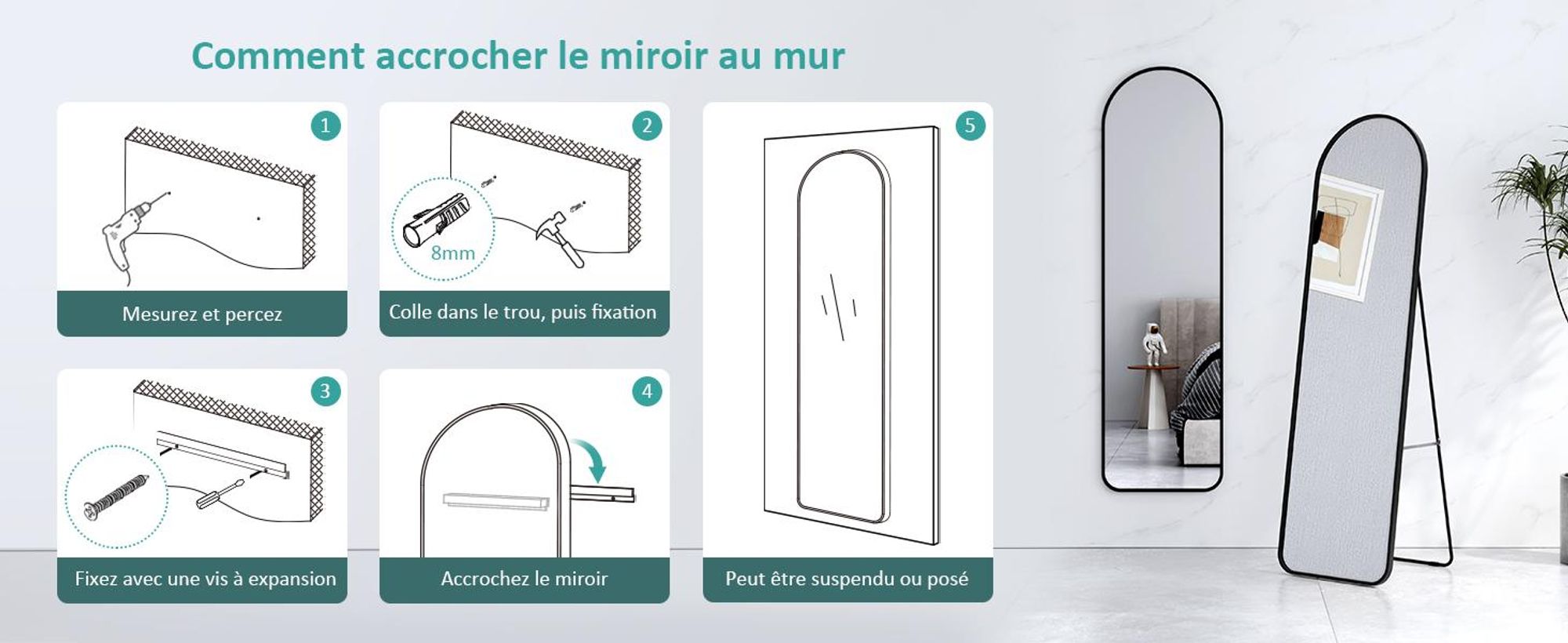 EMKE Miroir sur pied 140x40cm Miroir corps entier Noir Cadre aluminium Miroir bombé Miroir d'habillage avec film à fenêtre anti-explosion