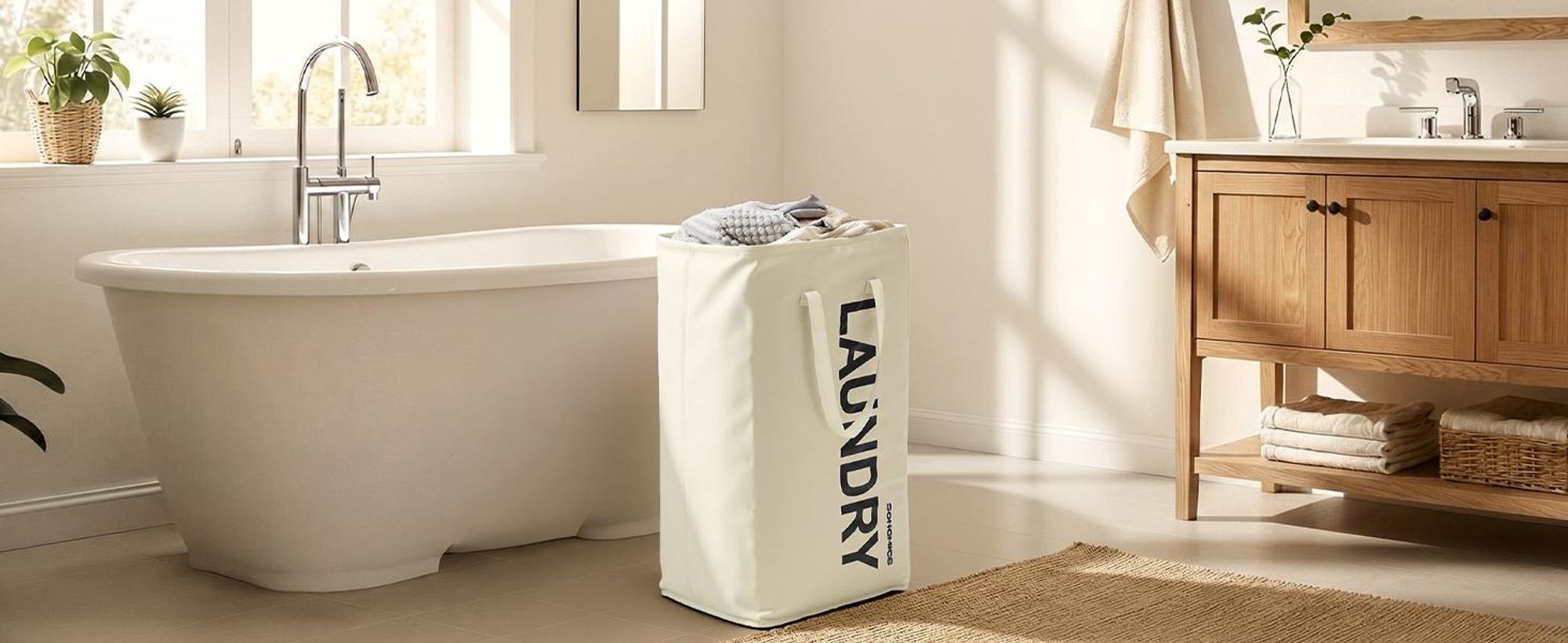 SONGMICS Wäschekorb, 80 L, Wäschesammler faltbar, Aufbewahrungskorb, mit Henkel, Wäschesack, wasserabweisend, für Waschküche, Schlafzimmer