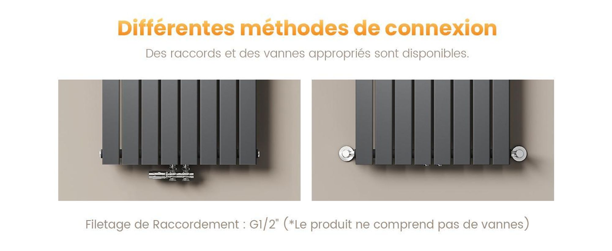 EMKE radiateur horizontal design panneau 630×1000 mm, anthracite plat simple, raccord latéral, 730 W, sans élément chauffant sans thermoplongeur