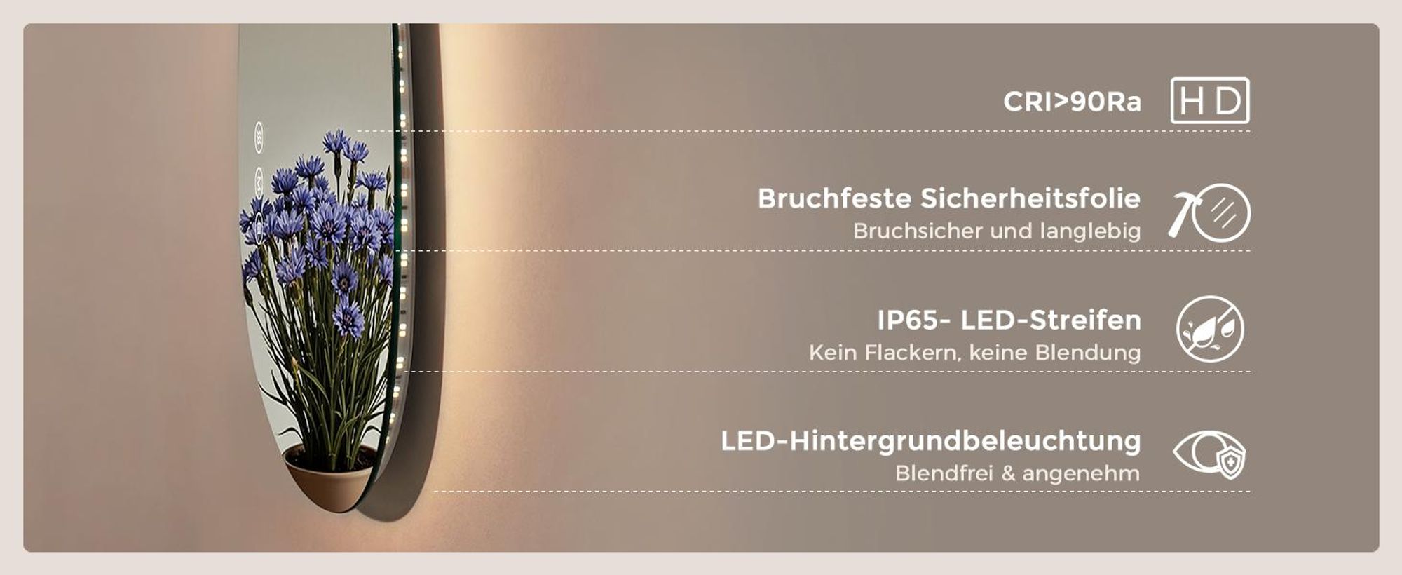 S'AFIELINA Badspiegel mit Beleuchtung 60×45cm LED Touch Schalter Wandspiegel 3 Lichtfarben und Dimmbar, Anti-Beschlag- und Memory-Funktion