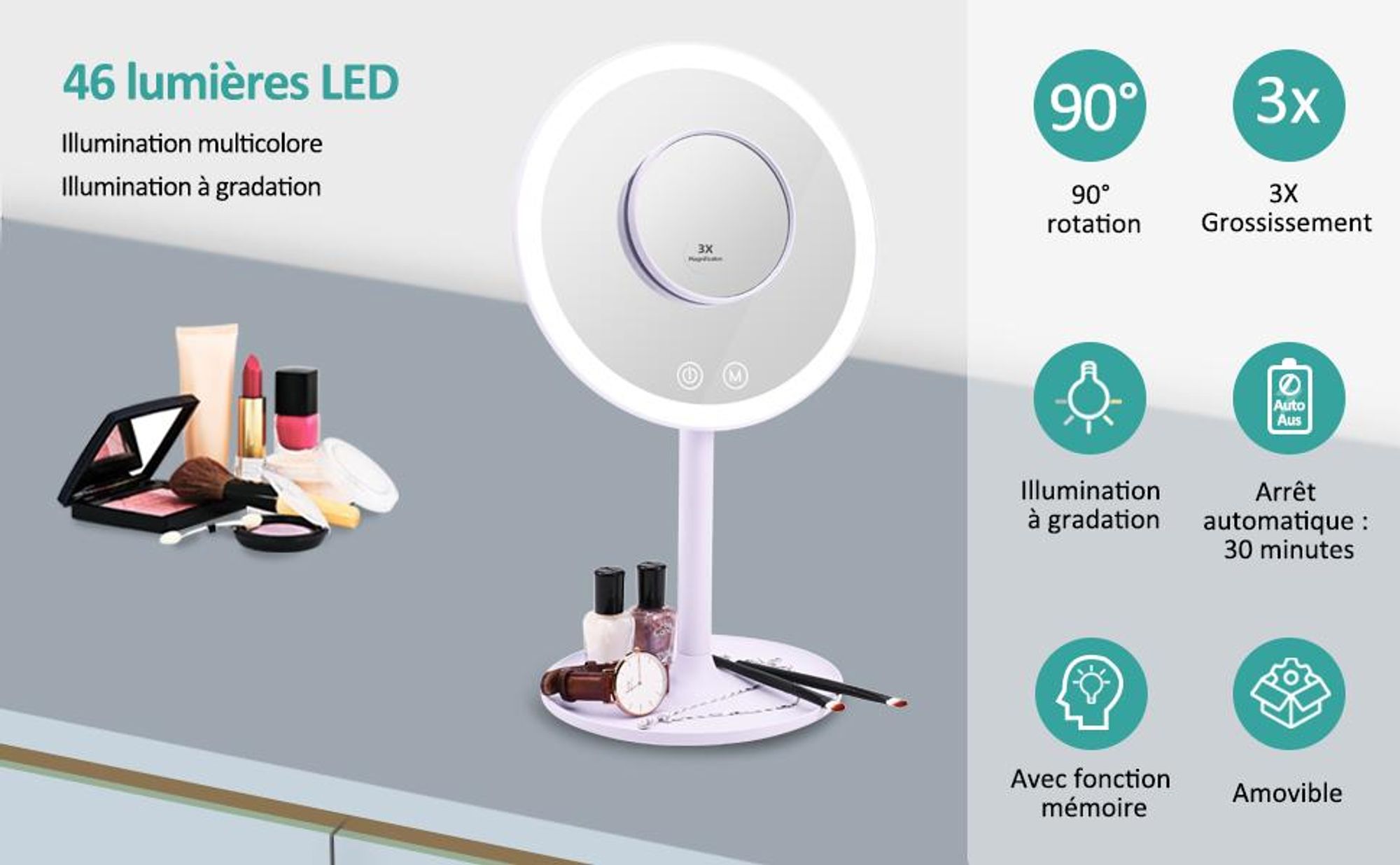 EMKE Miroir cosmétique LED avec 3 couleurs de lumière, grossissement 1/3x, interrupteur tactile et fonction mémoire, loupe pour miroir de salle de bain(Violet)