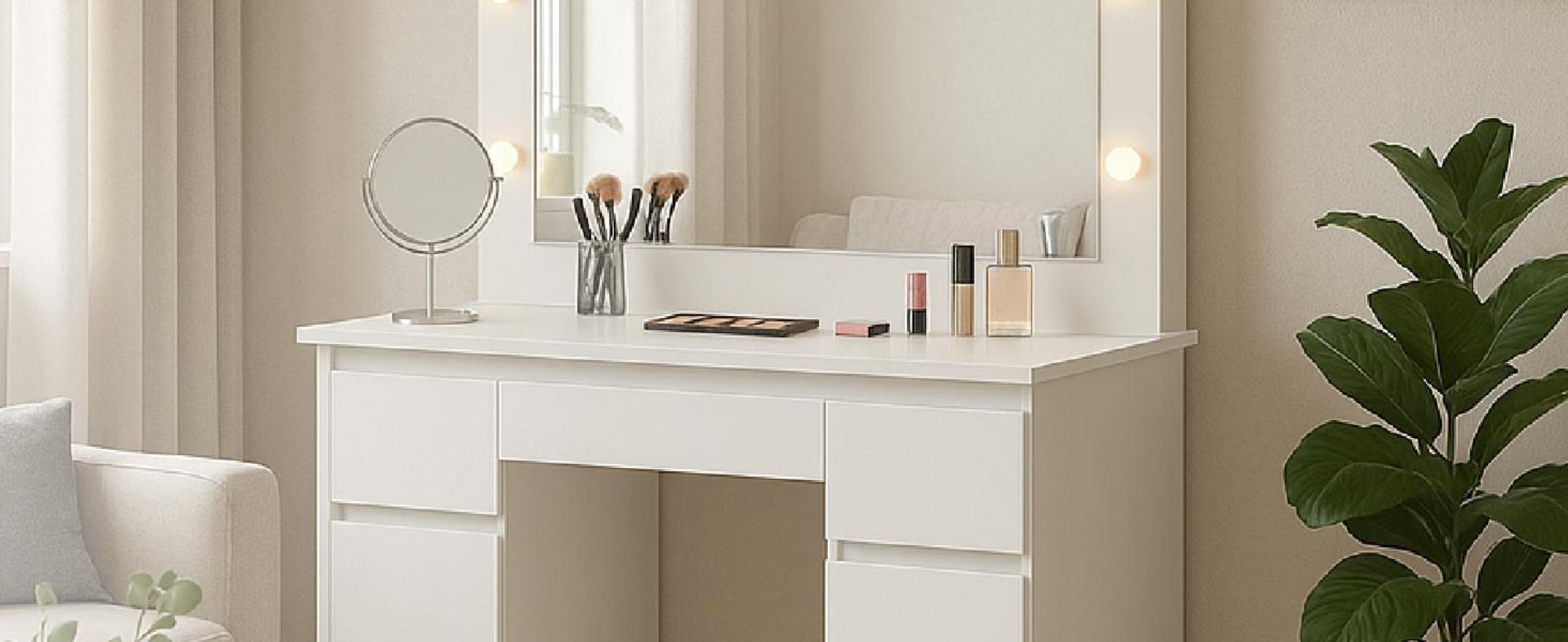 Juskys Schminktisch Lilia mit LED, 7 Schubladen & großem Spiegel – Weiß