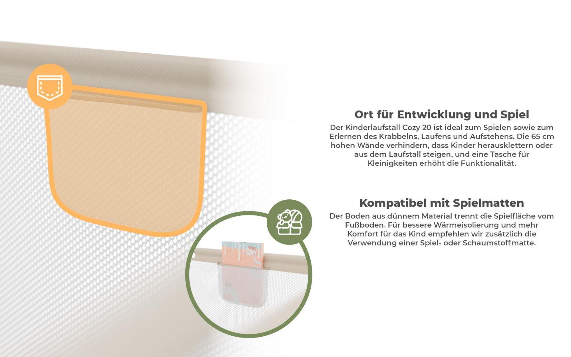 Tulano Cozy 20 Laufstall mit Boden für Kinder, Indoor & Outdoor, Metallrahmen, Netzseiten, rutschfeste Füße, Beige