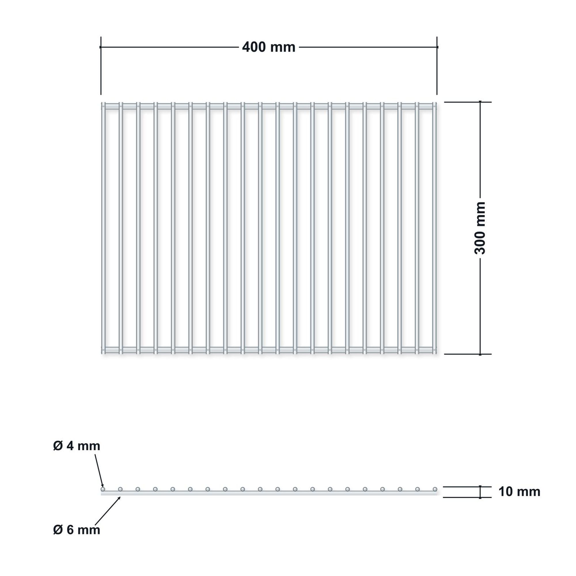 Uniwersalny bezramowy ruszt grillowy ze stali nierdzewnej 40 × 30 cm – rysunek techniczny