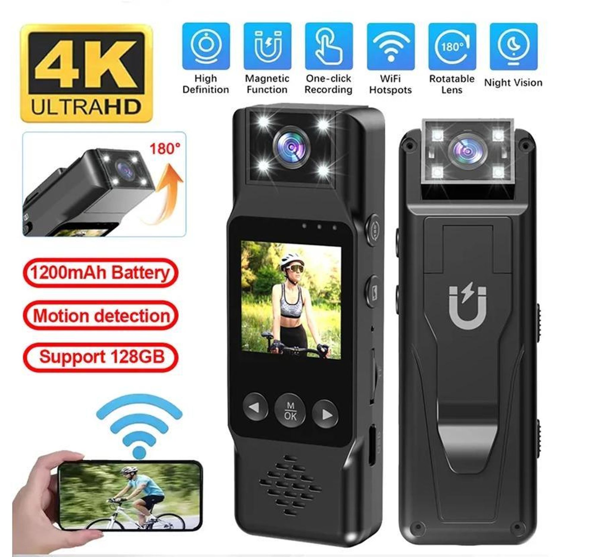 Sportkamera – Tragbare Mini-Kamera mit 4K-HD-Auflösung, WLAN, magnetischem Clip für den Rücken, digitalem Videorekorder, als Bodycam tragbar, Nachtsic