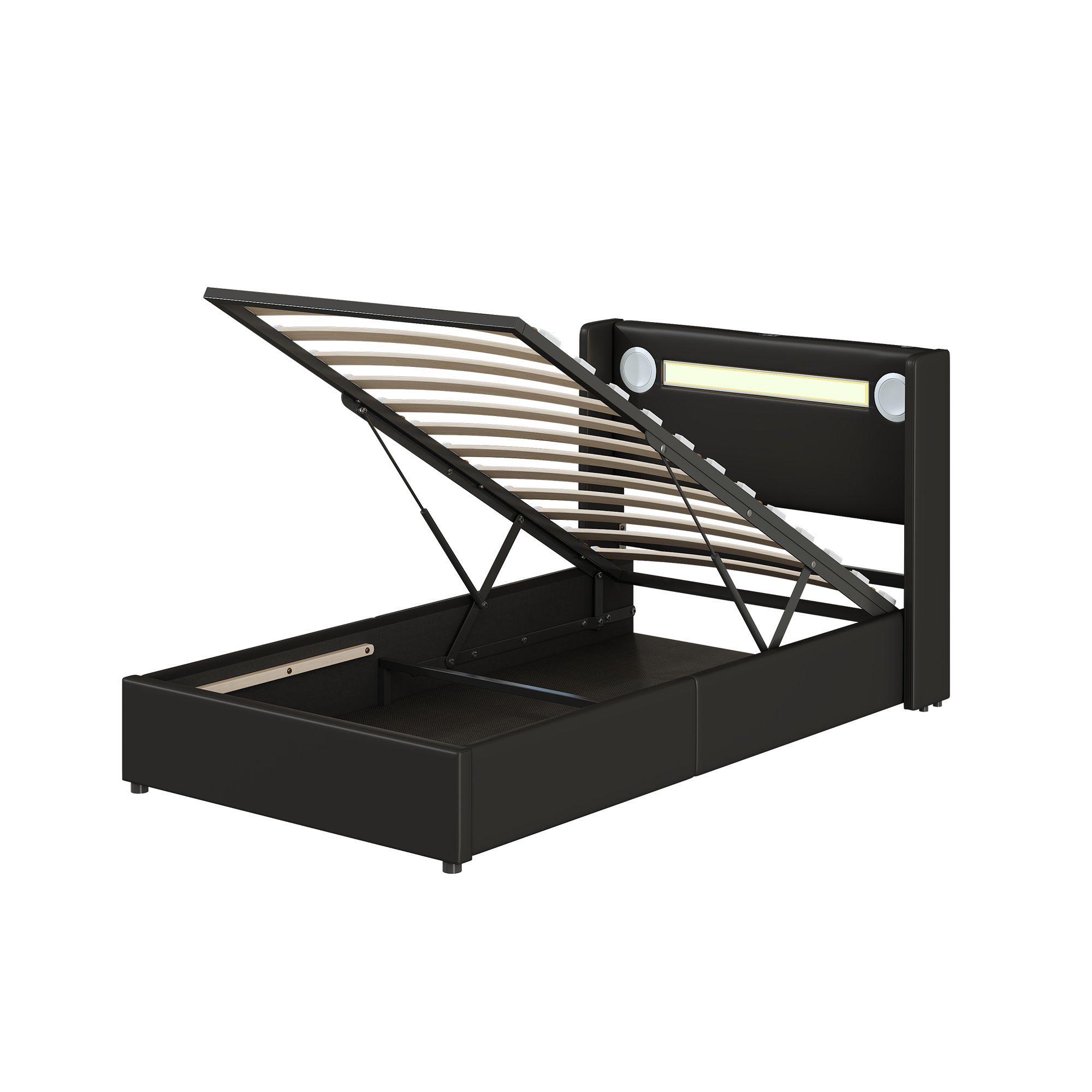 Flieks Polsterbett 90x200cm mit USB und Bluetooth-Player, Boxspringbett Einzelbett mit LED und Lattenrost, Stauraumbett Jugendbett, PU, Schwarz