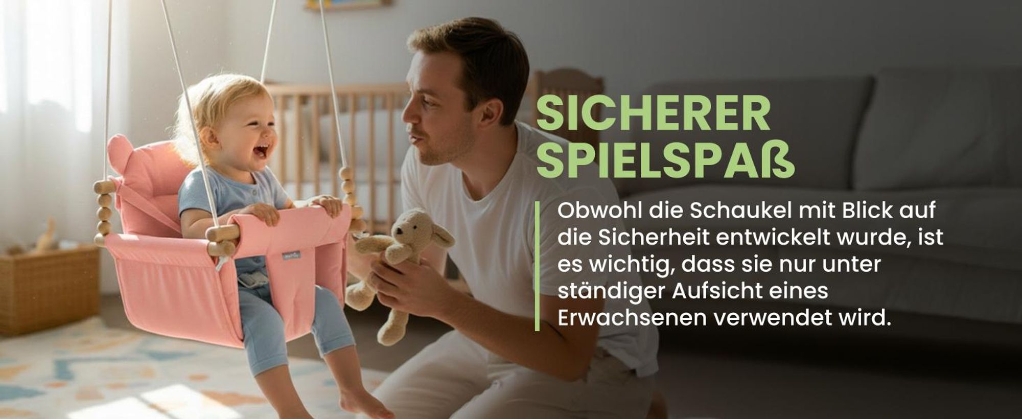 Rosa Kinderschaukel an Seilen mit Baumwollkissen