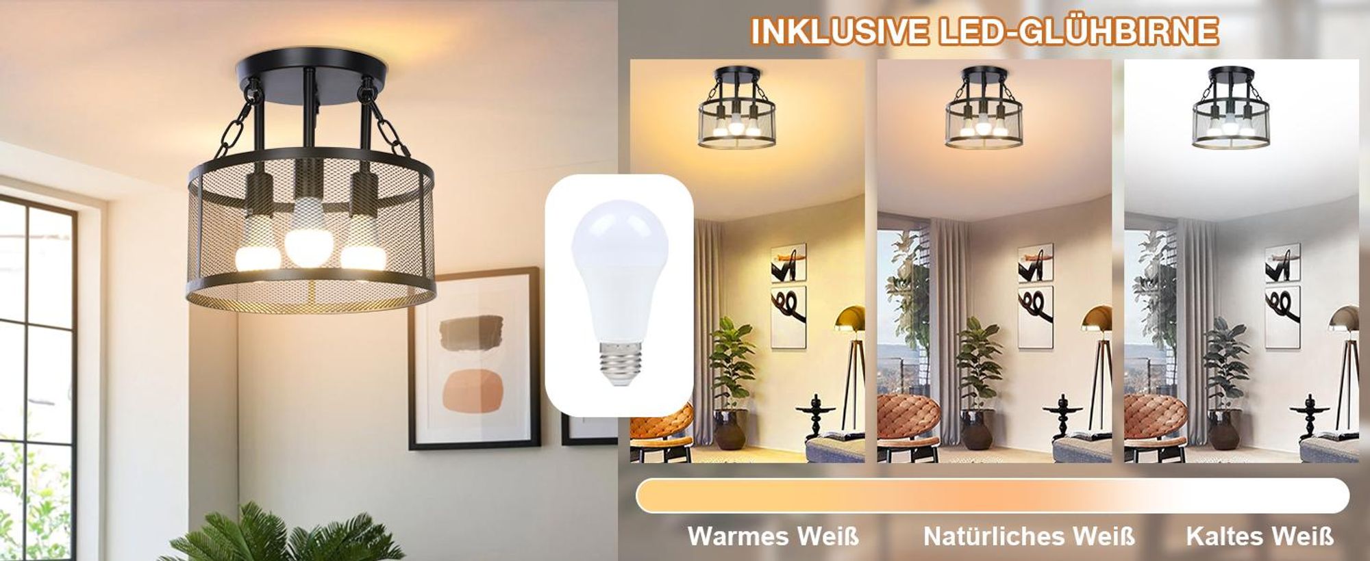 Modern Deckenleuchte Schwarz Metallrahmen 3-Flammige E27 Deckenlampe Küche Flur Wohnzimmer Schlafzimmer Esszimmer