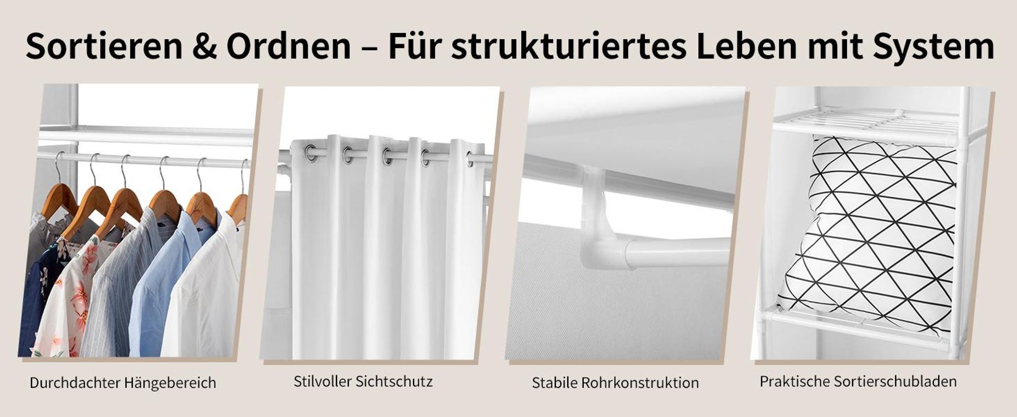 FCH Stoffschrank 4-Regal Doppelreihe Kleiderschrank mit Stange, Vorhang - 88,5x44,5x162,5cm Weiß
