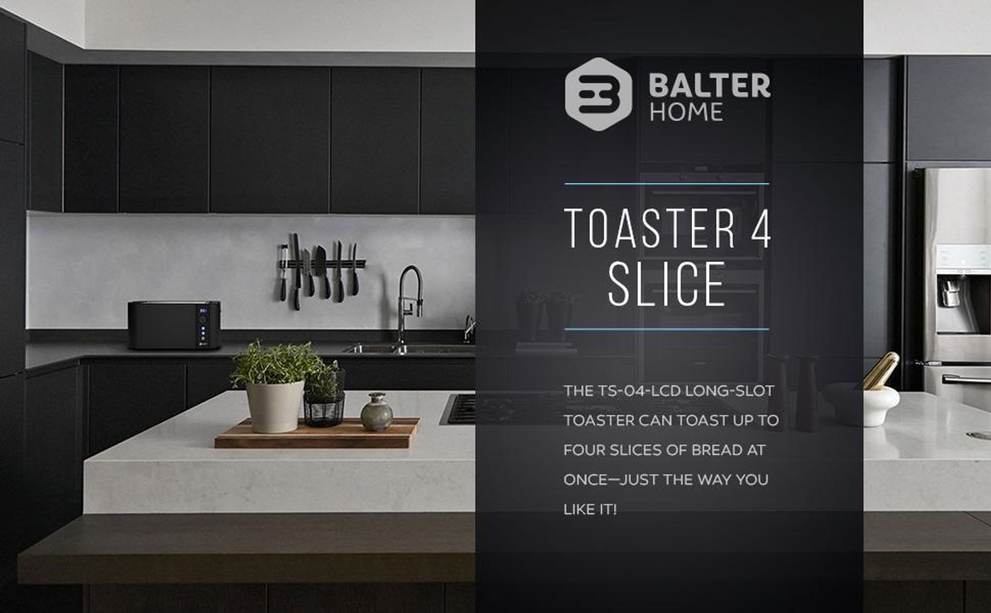 Balter Toaster 4 Scheiben, Edelstahl, Langschlitztoaster mit Brötchenaufsatz, 1500W, LCD Display, Defrost-/Aufwärmfunktion, Krümelschublade, Schwarz