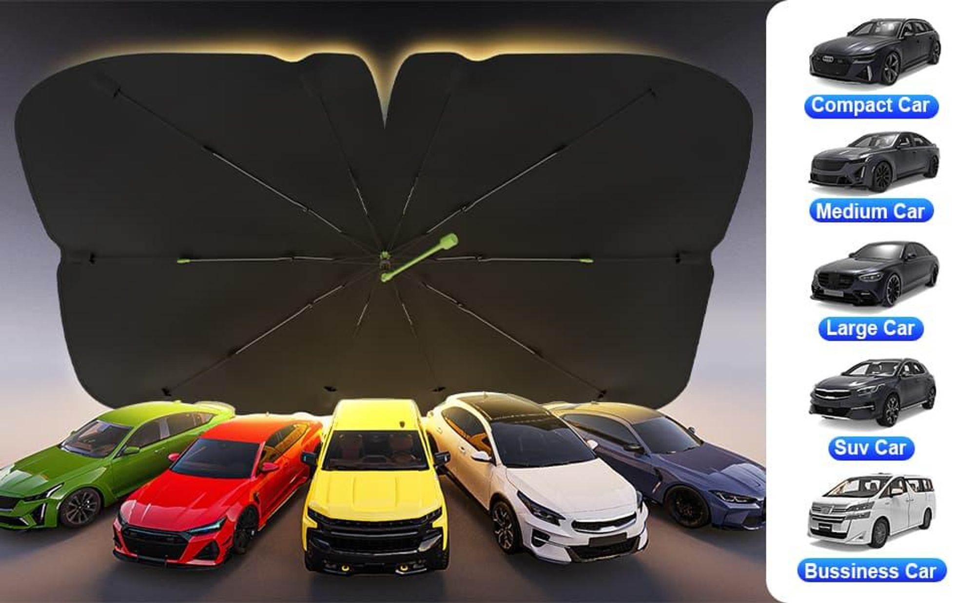 Auto Sonnenschutz Frontscheibe, 360°Drehbar, Sonnenschutz mit UV-Schutz, Sonnenschirm mit Verstellbarer Stange, für die meisten Autos SUVs, 140 x 80cm