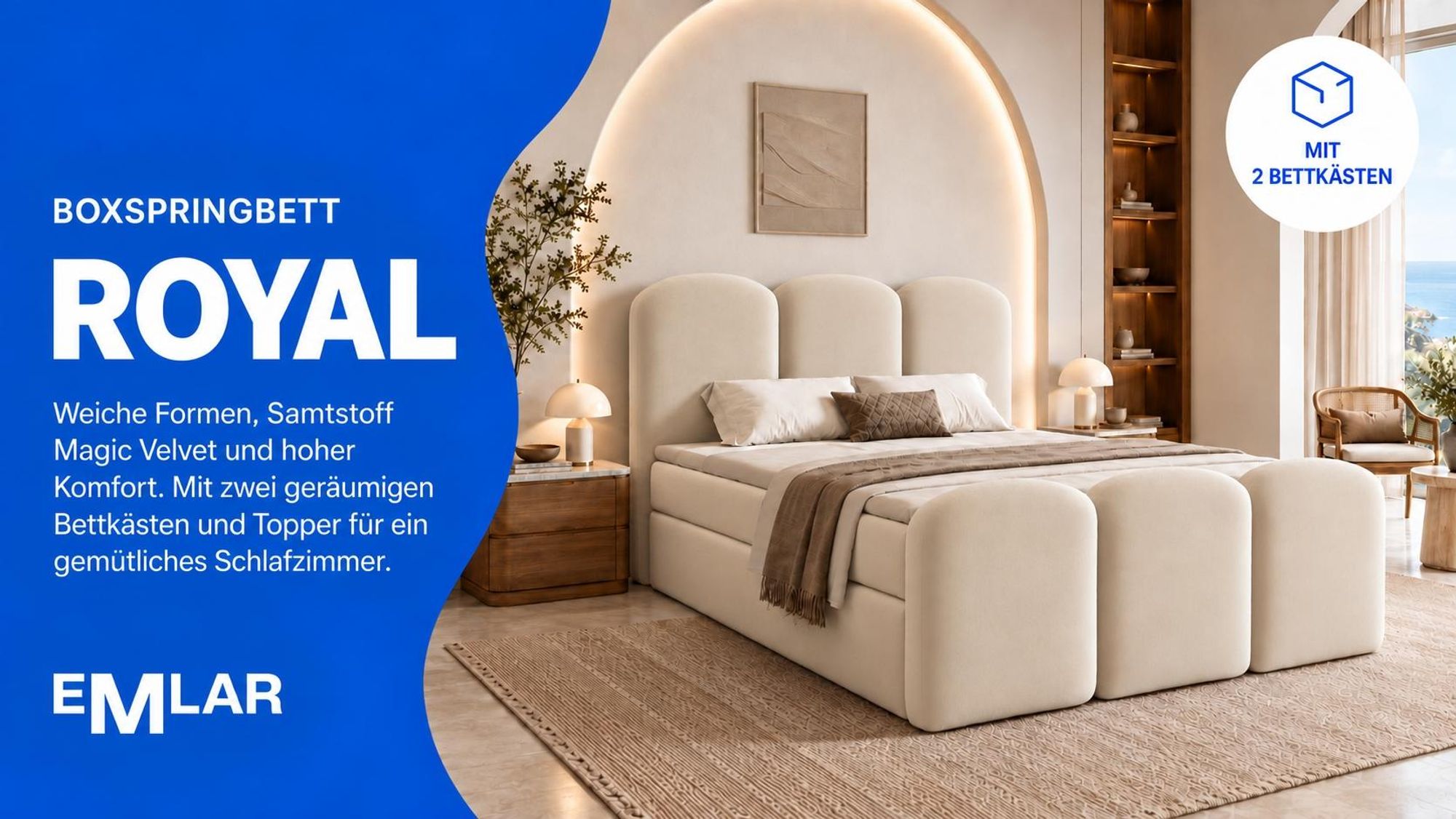 Beiges Boxspringbett ROYAL in Magic Velvet mit zwei Bettkästen und Topper