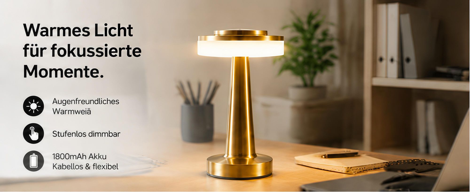 2X LED Schreibtischlampe,Touch Steuerung Augenschutz Leselampe,Kabellos Dimmbar Tischleuchte,dreifarbige Lampe,Nachttischlampe,Nachtlicht,Metall,Gold