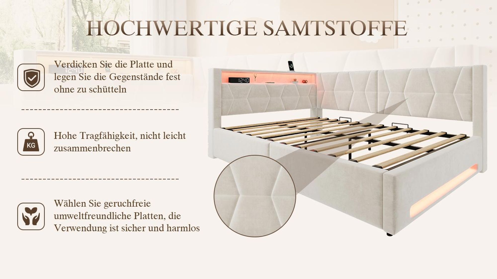 LVHOM Polsterbett 140x200cm Eckbett aus Samt, Stauraumbett mit LED und USB-C, Funktionsbett mit Bettkasten und Lattenrost, Doppelbett Beige