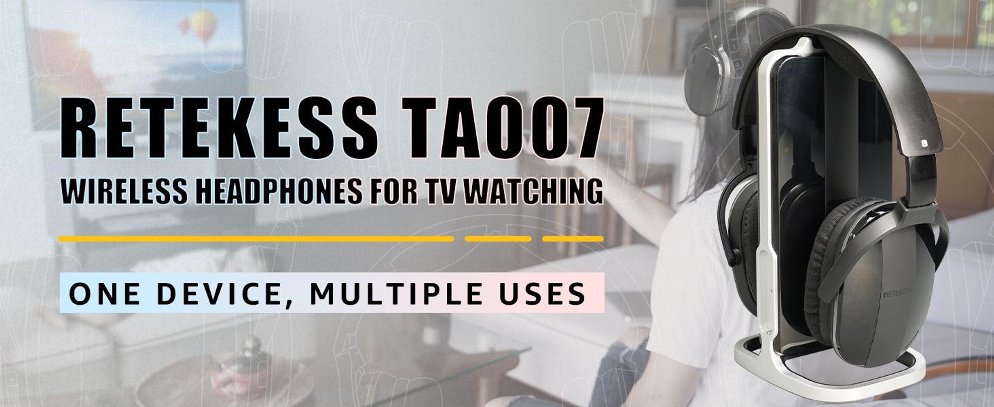 Retekess TA007 Bezdrátová sluchátka k televizi, nabíjecí stanice s vysílačem 2,4 GHz, dosah 60 m, kompatibilní s Bluetooth, sluchátka k televizi pro seniory, fotbalový zápas