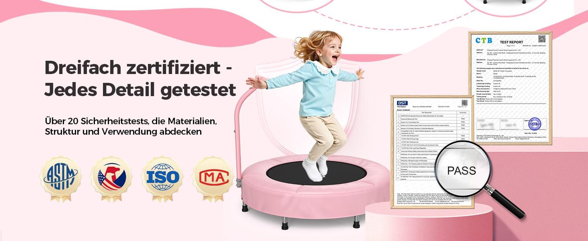 BCAN 91cm Kleinkind-Trampolin | Faltbar & platzsparend | 2-fach höhenverstellbarer Griff | ASTM- | Spiel- und Bewegungsspaß für drinnen