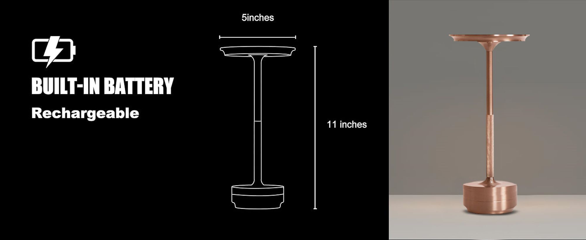Kabellose dimmbare LED Akku Tischleuchte Touch Tischlampe Lampe Wohnzimmer Nachttischlampen Dreifarbiges Licht Roségold