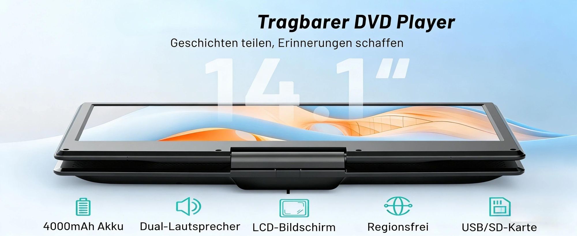 15.7" Tragbarer DVD-Player mit 14" HD-Drehbildschirm, ideal fürs Auto 6 Stunden Akkulaufzeit intelligente Speicherwiedergabe Alle Region