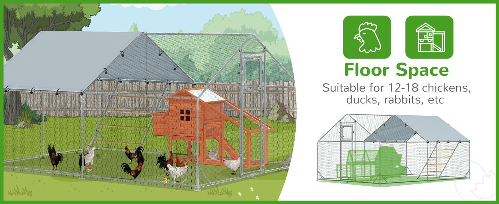 PawHut Kurnik wolnowybiegowy ze stali, 3 x 4 x 1,95 m Klatka dla kurczaków z pokrywą odporną na promieniowanie UV, drzwiczki do karmienia, wiszący karmnik, grzęda, wybieg dla 12-18 kurczaków, małe zwierzęta, srebrny