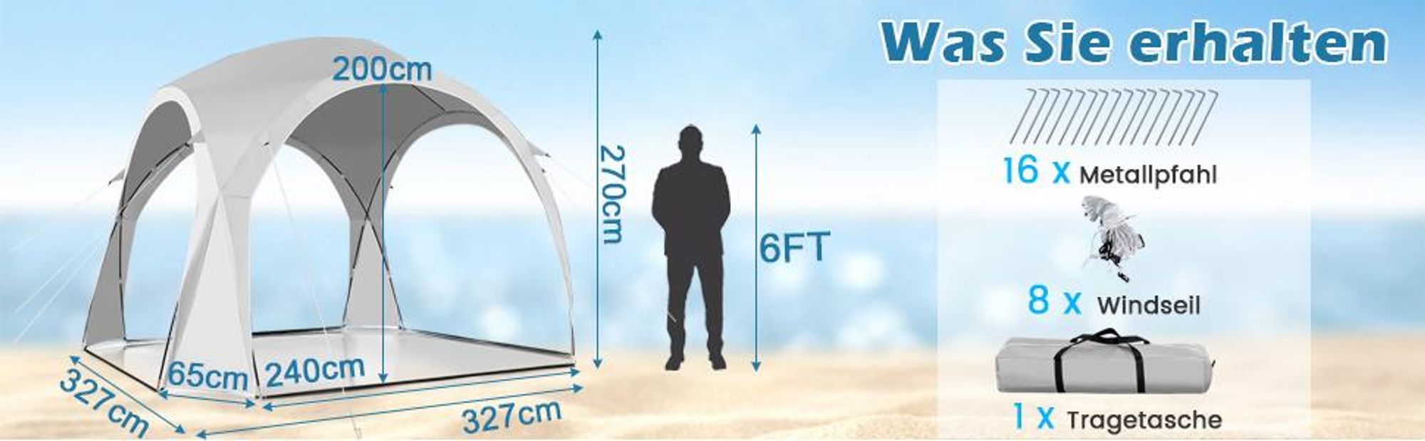 COSTWAY Partyzelt Pavillon weiß, Gartenzelt Gartenpavillon Strandzelt UPF50+ Sonnenschutz, Terrassenzelt für 6-8 Personen Camping Strand 327x327x270cm