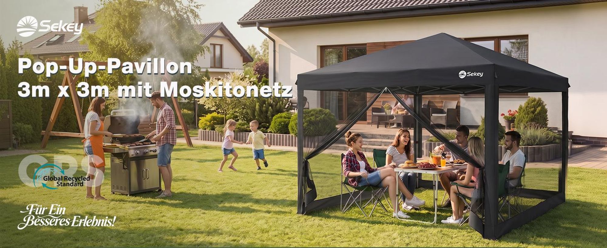 Sekey Faltpavillon 3x3m Pop Up Pavillon mit Moskitonetz, Wasserdichter Gartenpavillon höhenverstellbar inkl. 4 Sandsäcke für Garten Party Camping