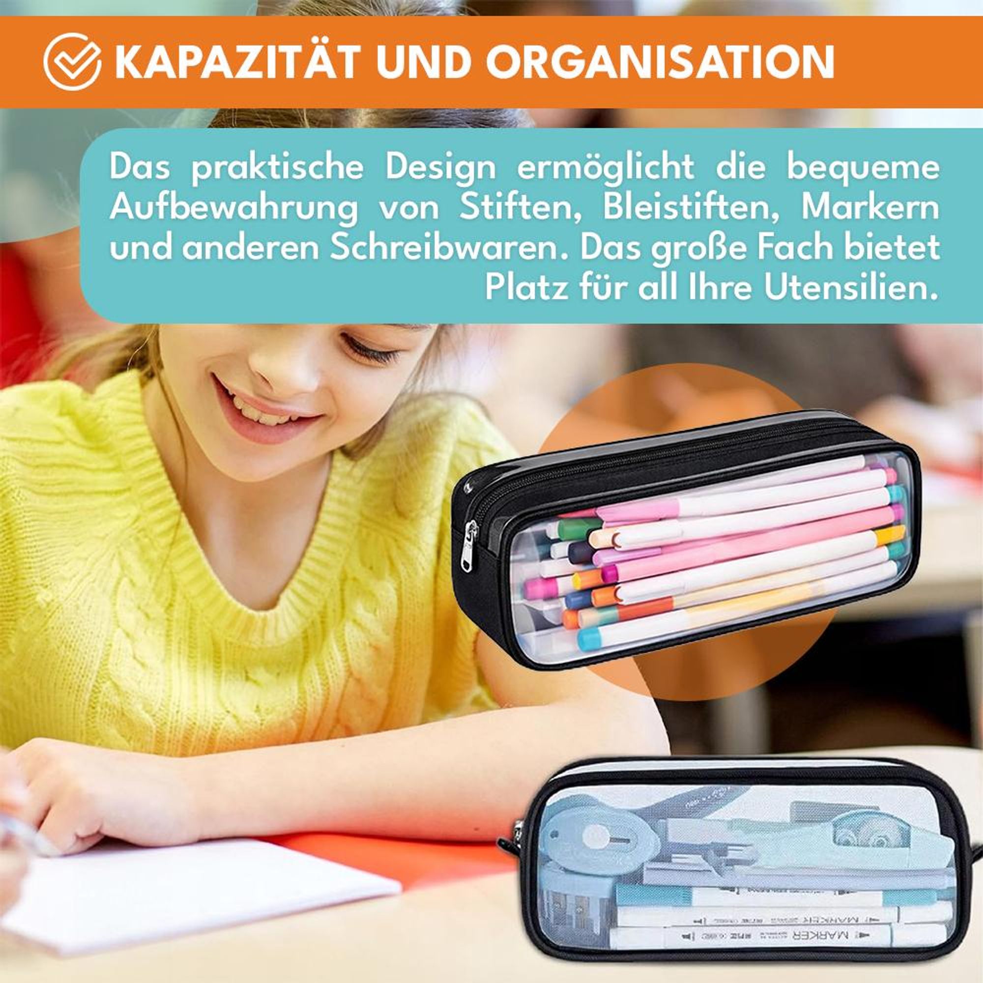KRUMAD Transparentes Federmäppchen, Großes Etui für Stifte, Schulsachen, Kosmetiktasche, Leicht, Wasserabweisend, Schwarz 23 x 10 x 6,5 cm
