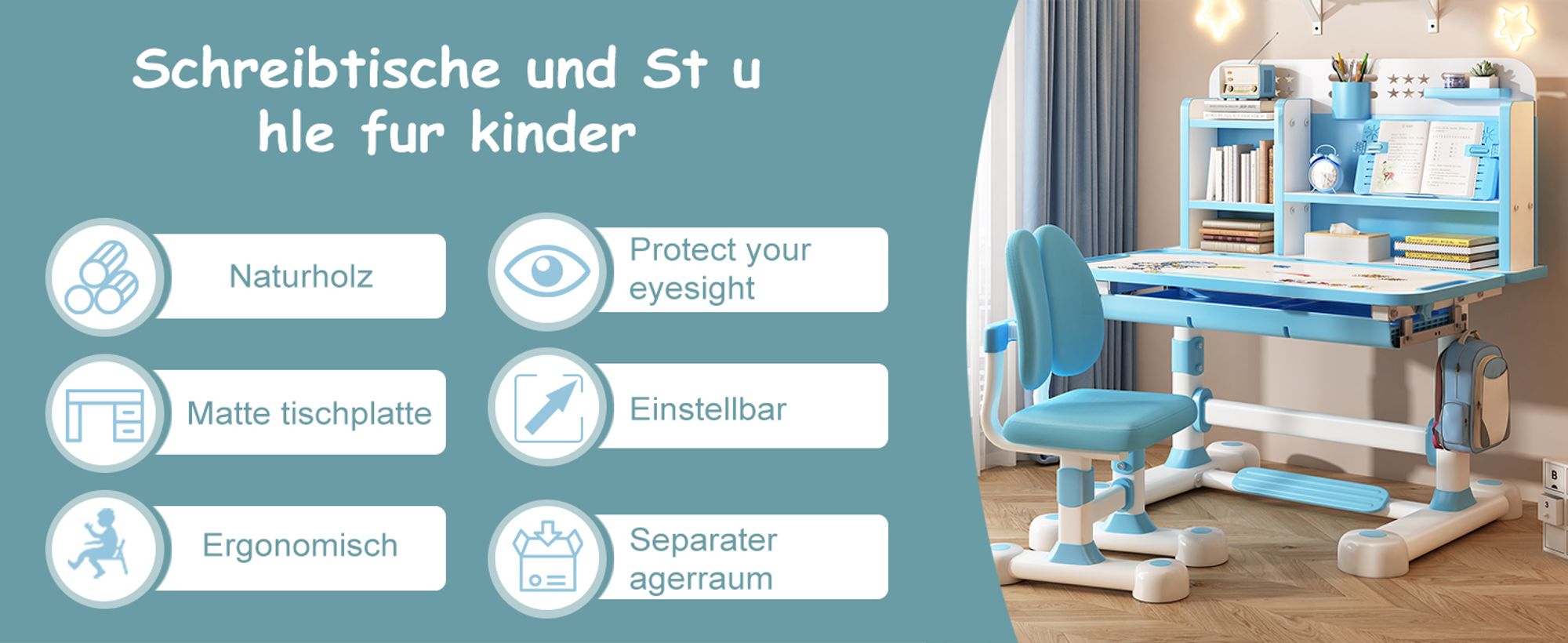 2Pcs/Set Kinder Studie Schreibtisch Stuhl Set, höhenverstellbar Kinder Schule Studie Tisch Stuhl Set mit Sitzkorrektor, mit Buch Stand, Fußpedal Blau