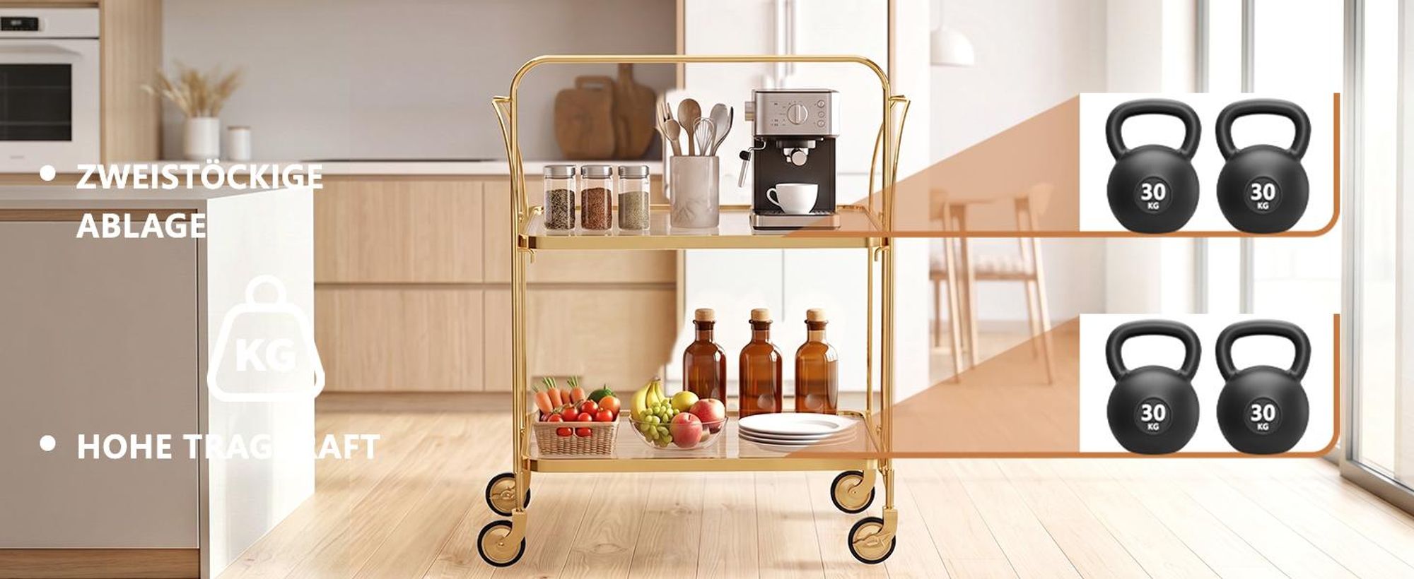 2-stöckiger Servierwagen Edelstahl 68×40×80 cm – klappbar Küchenwagen mit Rollen, robuster Gastronomiewagen für Restaurant, Hotel, Schule, Küche
