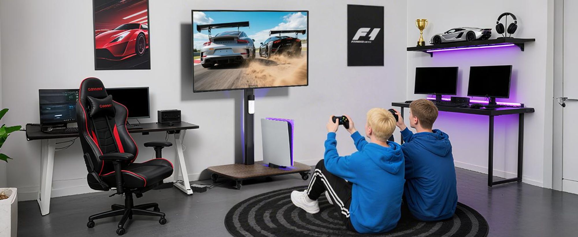 WISFOR TV Standfuss Fernseher Ständer Mit Fernbedienung, Motorisierte Höhenverstellung, rollbar, für 40-77" Flach LED LCD Monitor, 600x400mm, bis 60kg