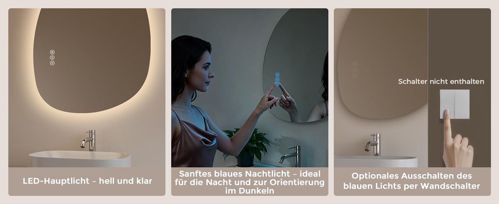 S'AFIELINA Badspiegel mit Beleuchtung 60×45cm LED Touch Schalter Wandspiegel 3 Lichtfarben und Dimmbar, Anti-Beschlag- und Memory-Funktion