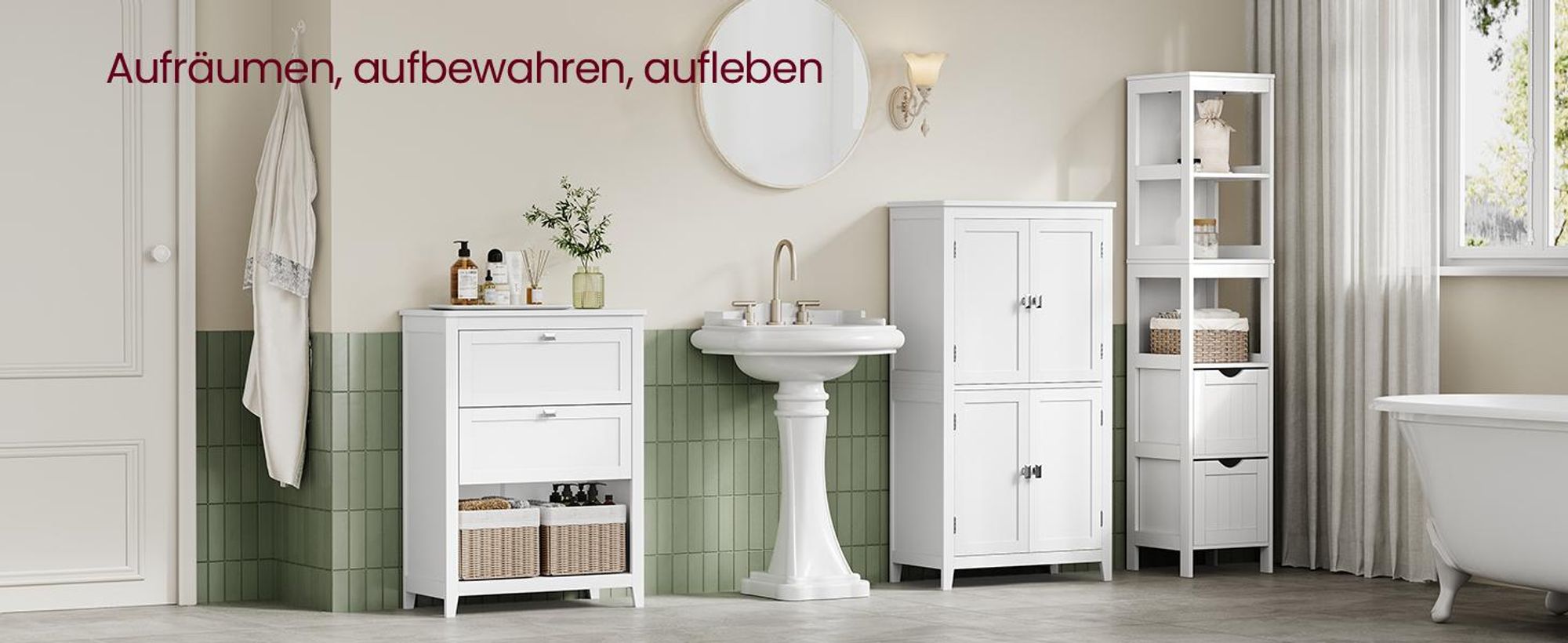VASAGLE Badezimmerschrank, Badschrank mit 2 Schubladen, eine davon mit Trennwänden, 2 Körbe, Aufbewahrungsschrank, 30 x 60 x 80 cm, Wolkenweiß