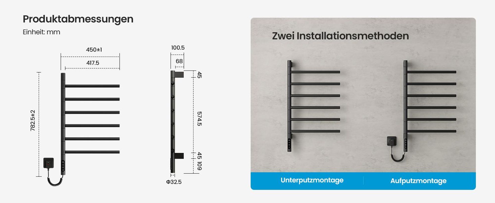 Heilmetz Elektrischer Handtuchheizkörper 78x45 cm Schwarz, Drehbar Handtuchtrockner mit WLAN App & Sprachsteuerung, Timer, 135W, Mit / Ohne heizstab