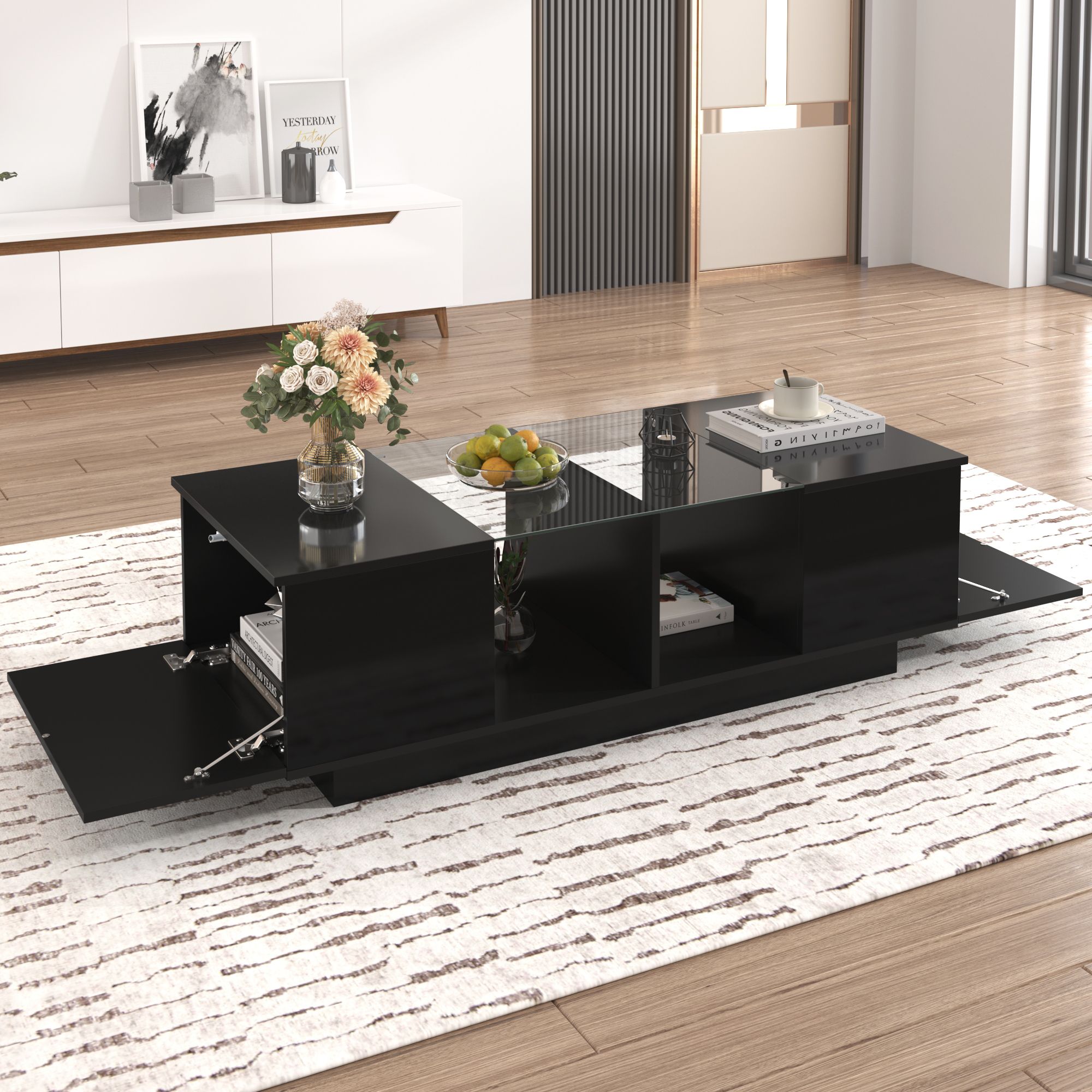 Merax Couchtisch mit Glastischplatte und Stauraum, Beistelltisch hochglanz mit Türen, Wohnzimmertisch Kaffetisch 120x37x50cm, Schwarz