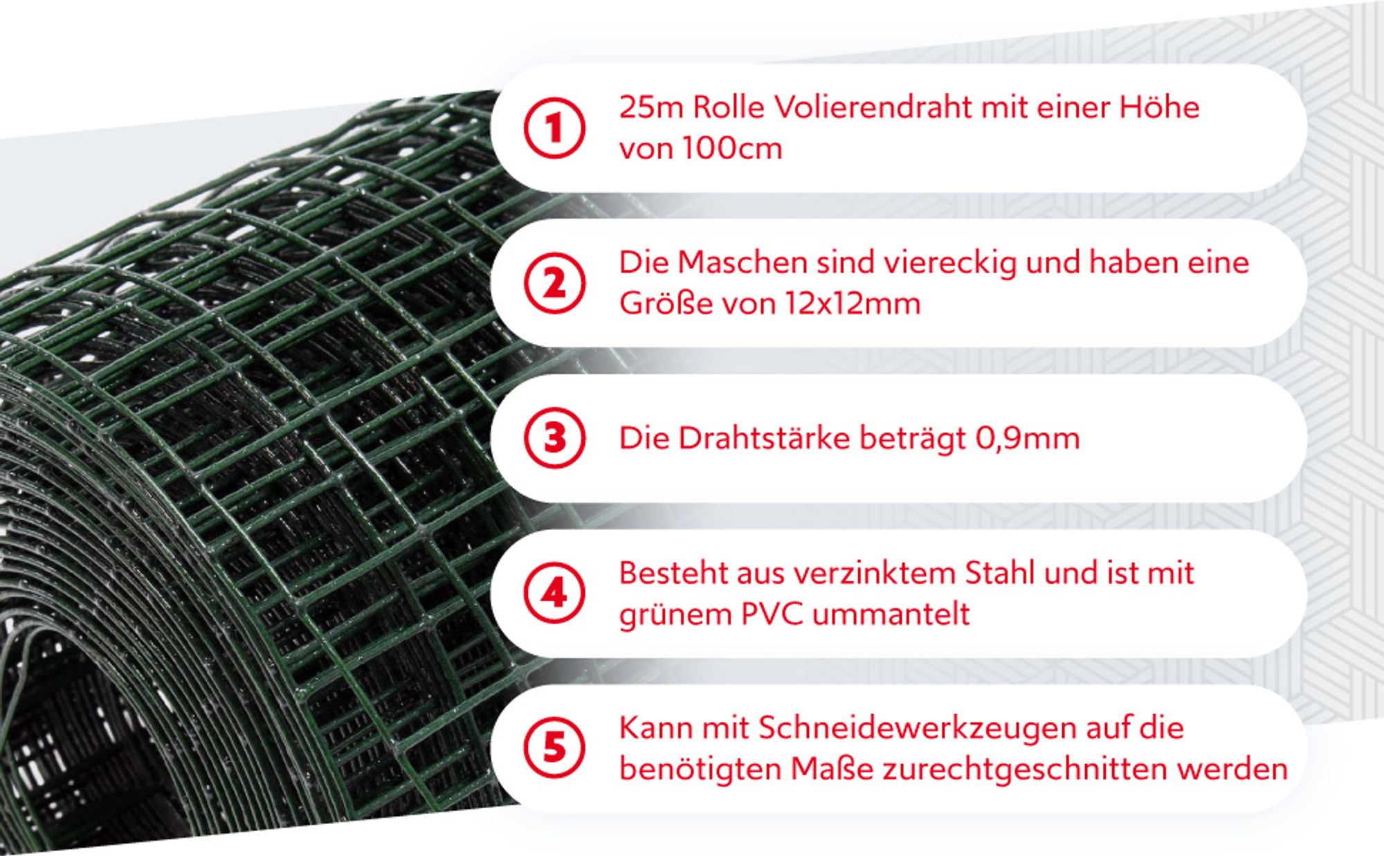 Volierendraht 4-Eck in Grün mit 12x12mm Maschengröße, 25m Rolle 100cm Höhe, aus verzinktem Stahl