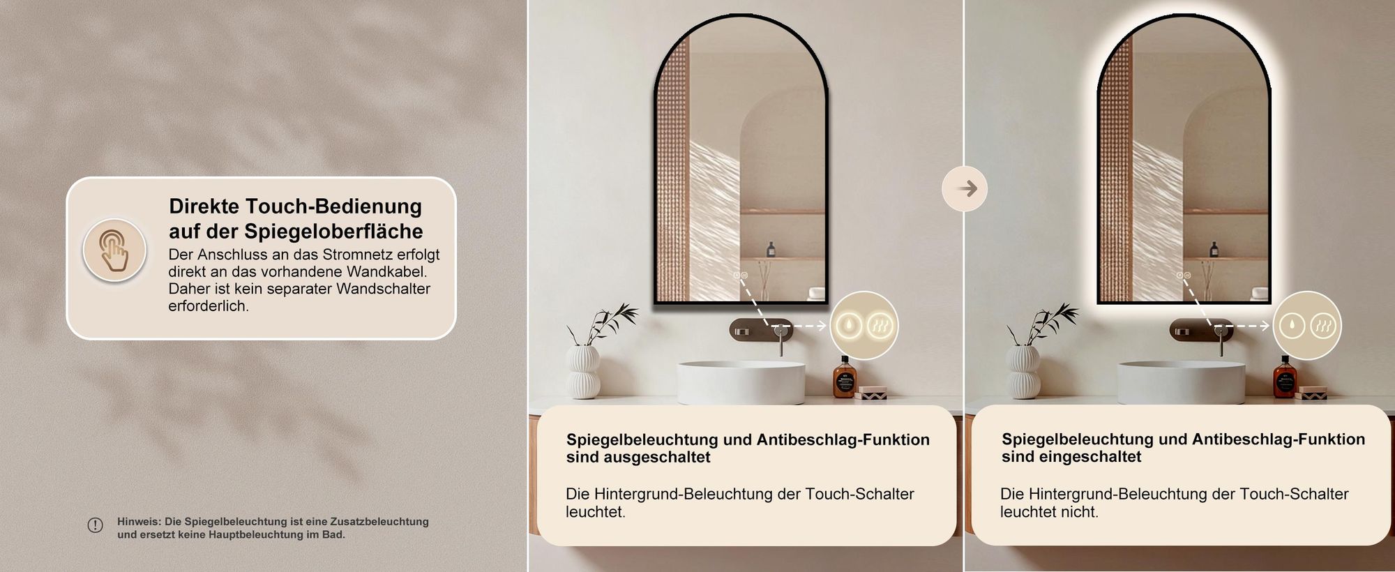 HOKO LED-Wandspiegel 50x90 cm in Bogenform, schwarzer Aluminiumrahmen, Anti-Beschlag, 2700–6500 K, Touch, Wandschalter, Memory, IP44, Dallas