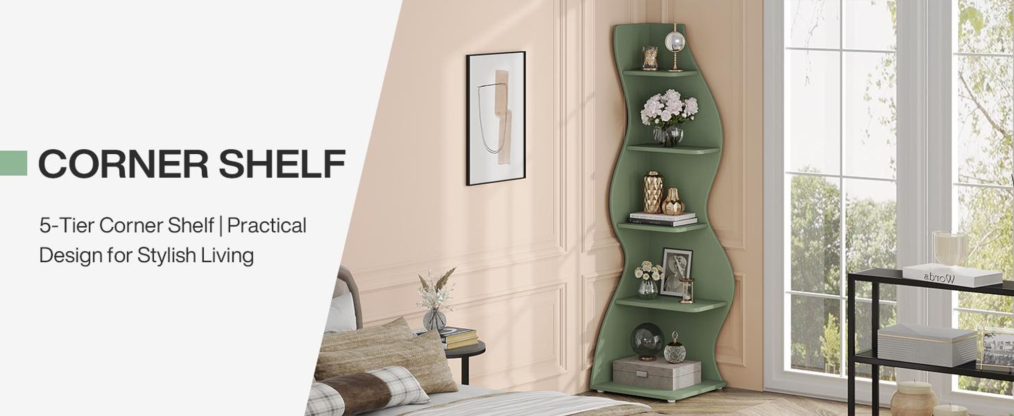 Scaffale angolare Tribesigns, 178 cm, scaffale portaoggetti, libreria, supporto per piante, 5 livelli, per casa, ufficio, soggiorno, camera da letto, balcone, verde chiaro