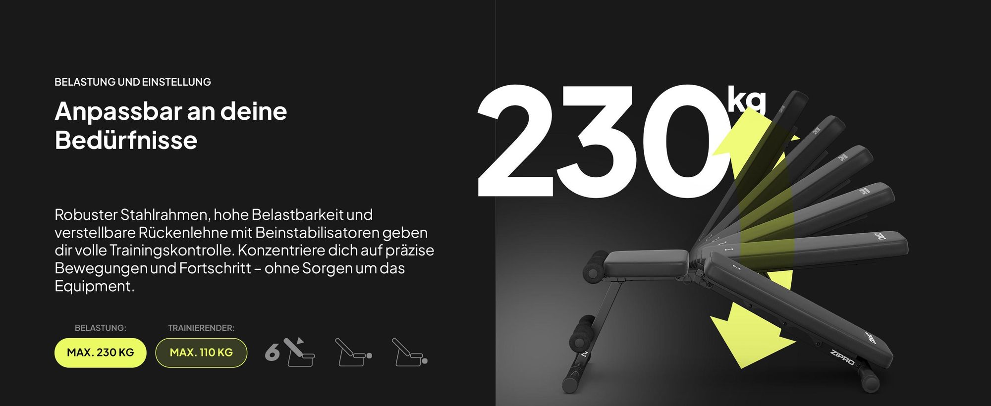 Zipro Hantelbank Klappbar Tempo – Verstellbare Trainingsbank für Zuhause Schrägbank Negativbank mit Expandern 230kg Belastbar Ideal für Kurzhanteln