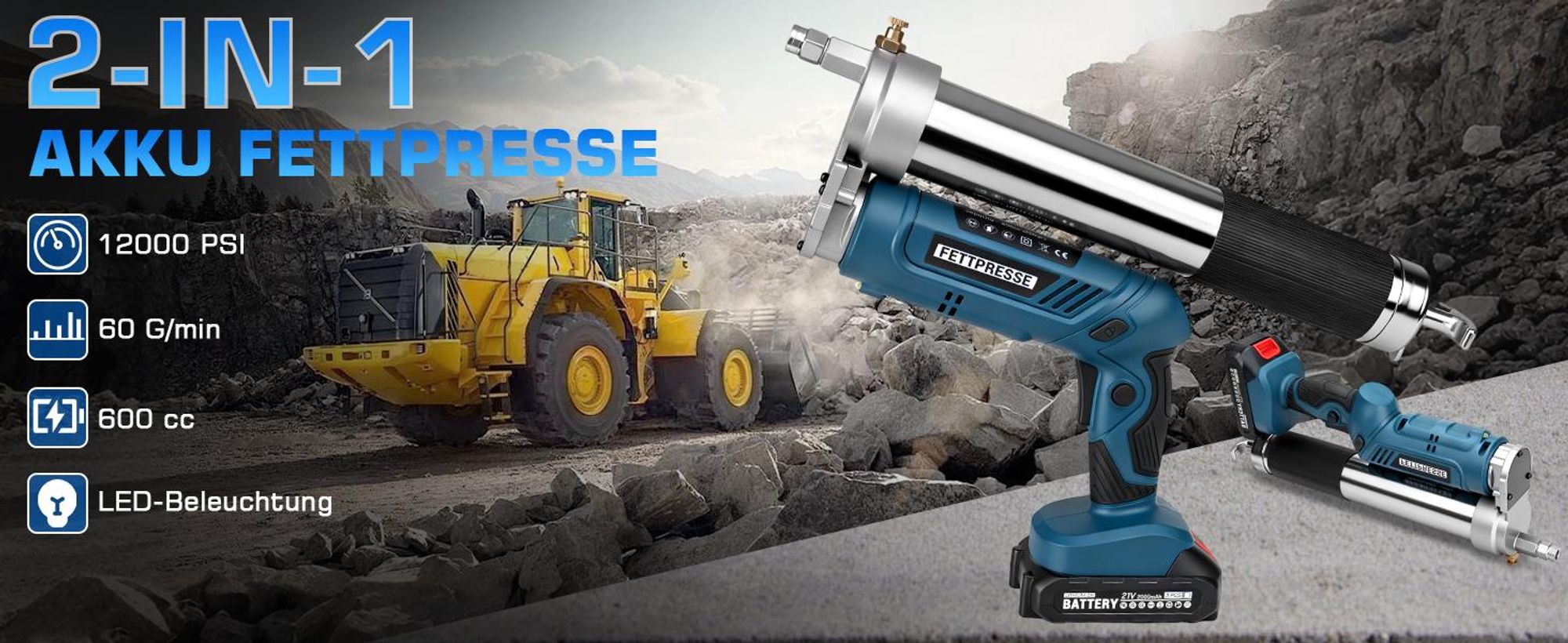 Akku Fettpresse 2-in-1 Elektrische Schmierpistole 12000 PSI mit 2 Akkus, 3 Düsen, Bürstenloser Motor, 100cm Flexschlauch, LED-Licht, 600g Kapazität