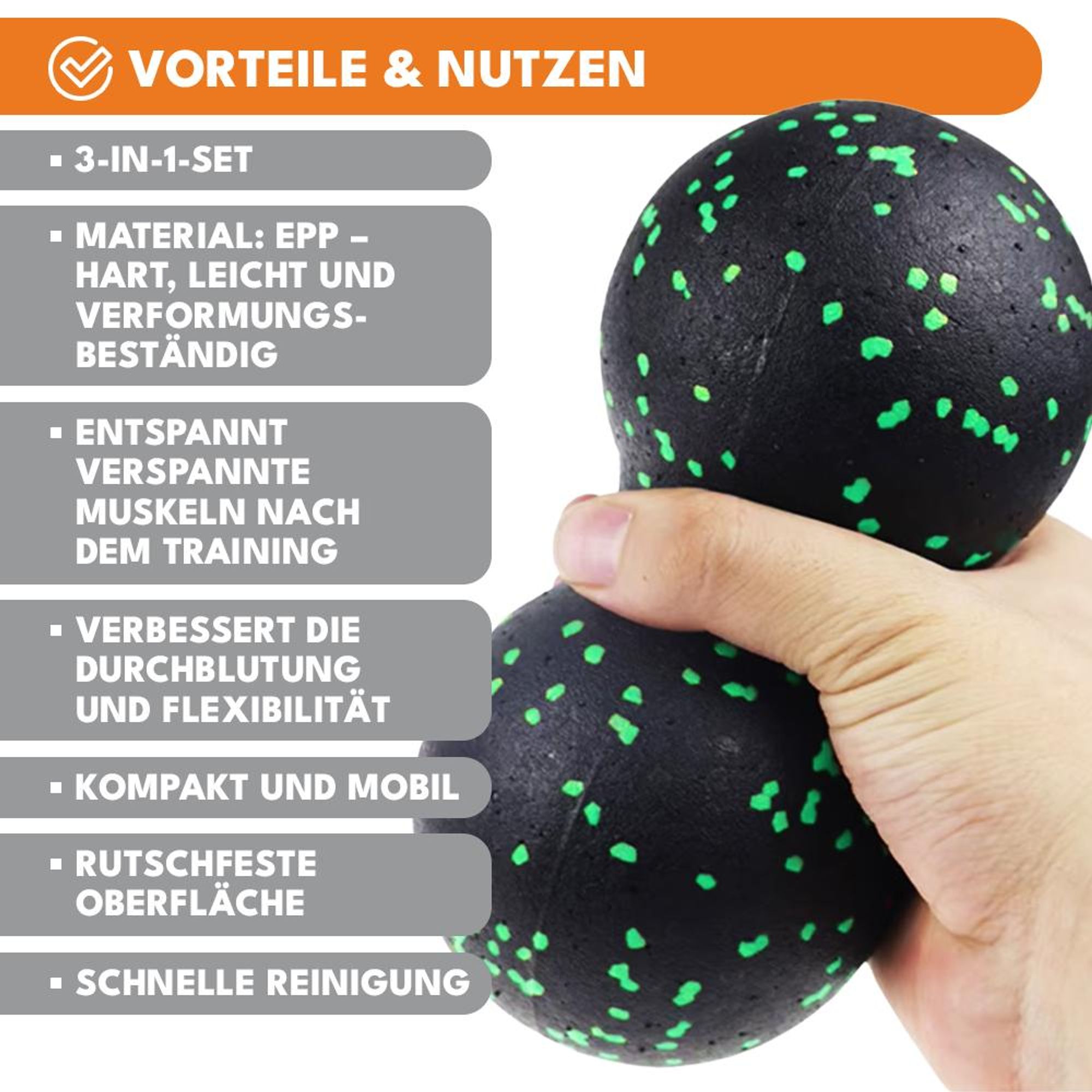 KRUMAD Faszienrollen Set – Faszienrolle, Duoball & Massageball aus EPP – Massage Set für Rücken, Wirbelsäule, Beine & Füße – Faszienball für Trigger